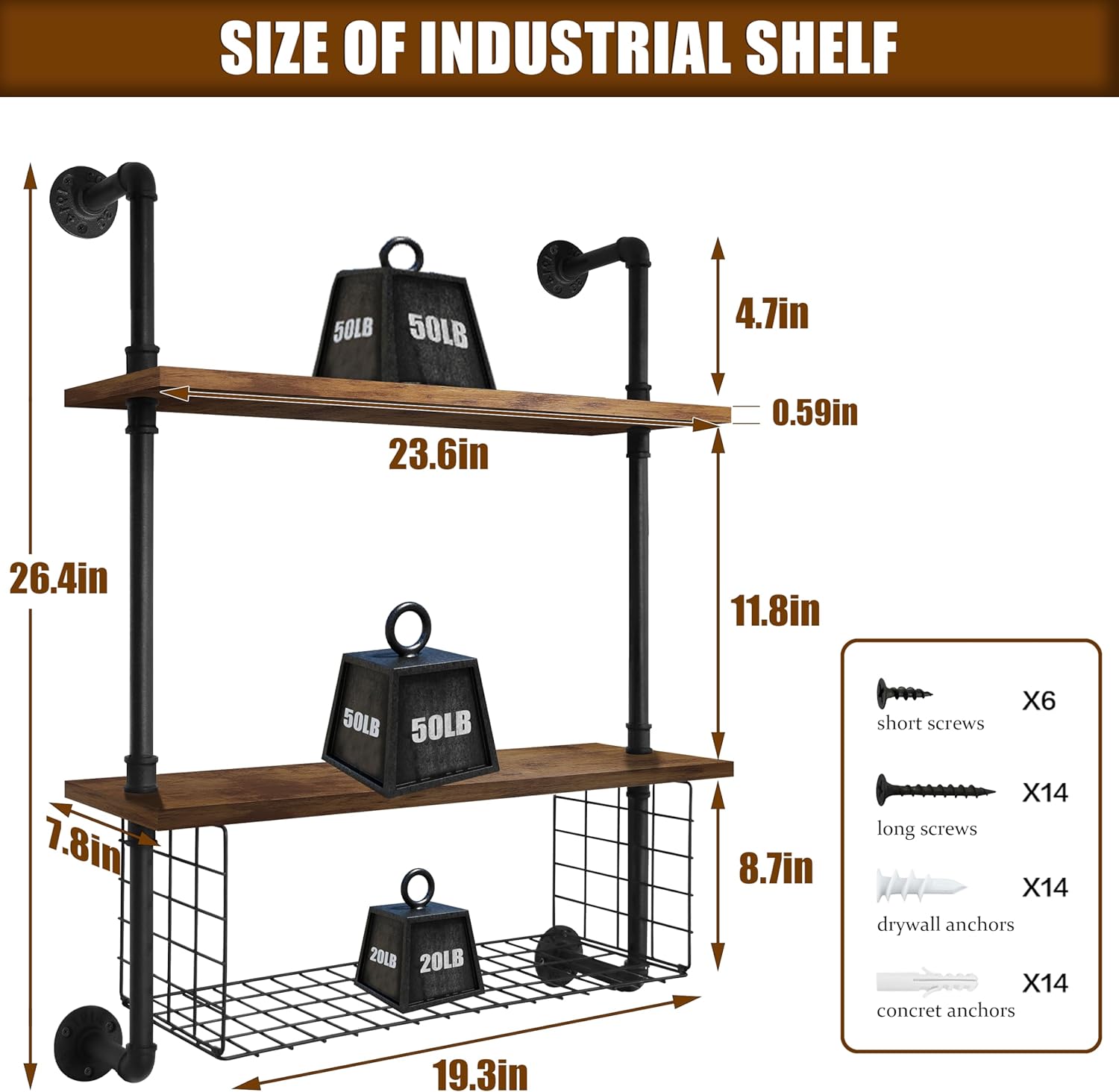GILPWA 2 Tier Industrial Pipe Shelf with Wood Baskets