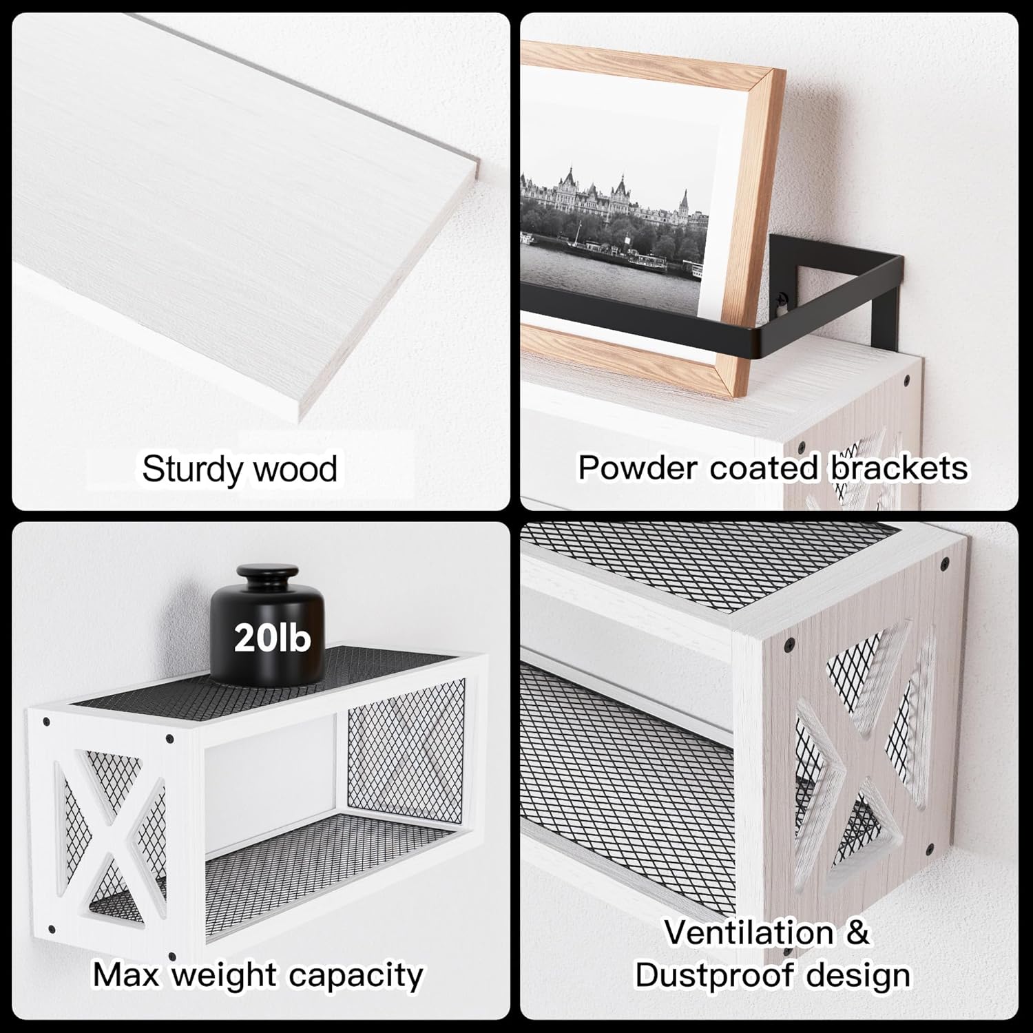 RICHER HOUSE Floating Shelves with Guardrail - White