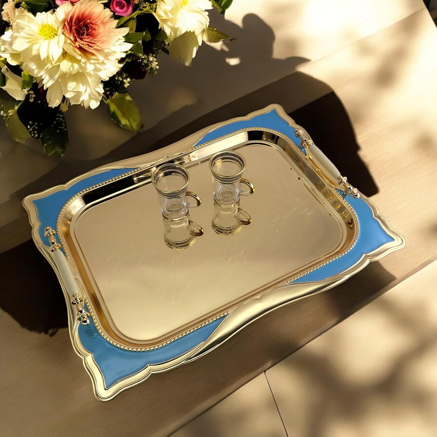 Pack of 2 Gold Plated Iron Serving Trays with Handles