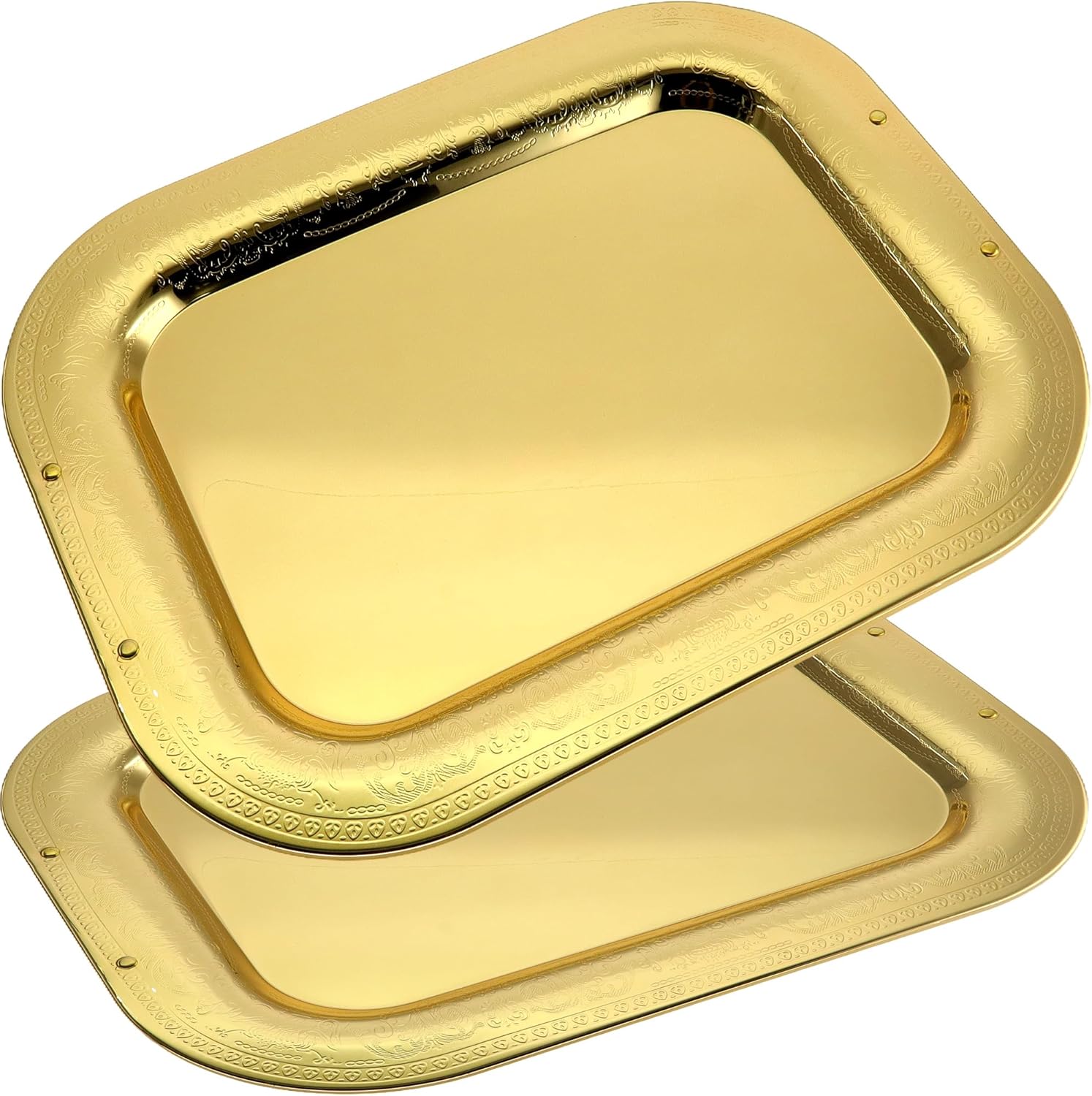 Pack of 2 182x142 Inch Gold Plated Serving Trays with Floral Edge