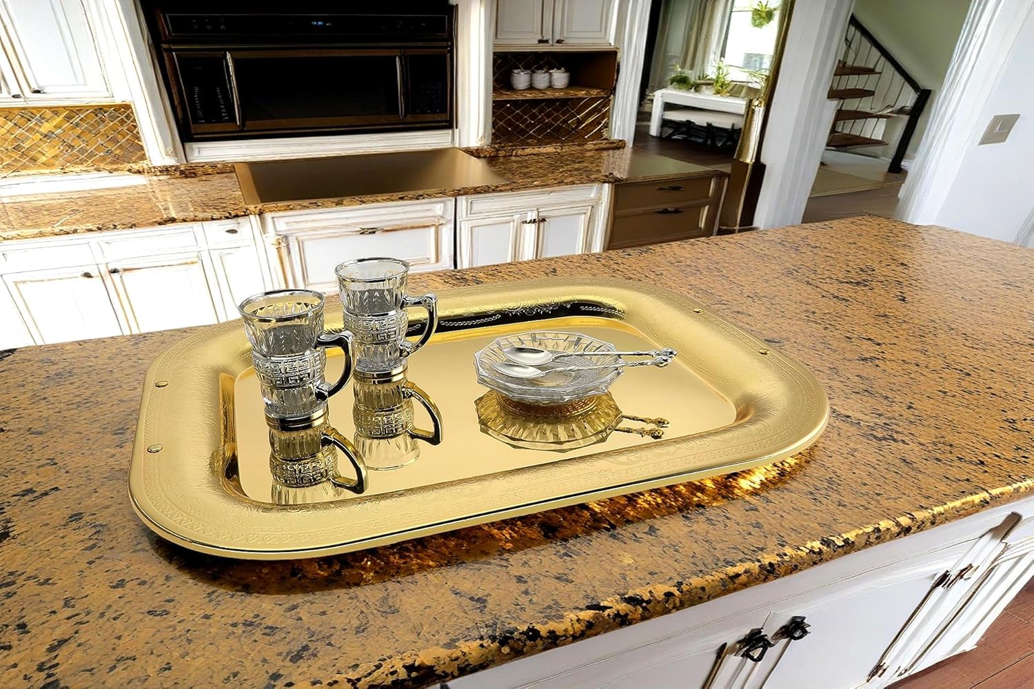Pack of 2 182x142 Inch Gold Plated Serving Trays with Floral Edge