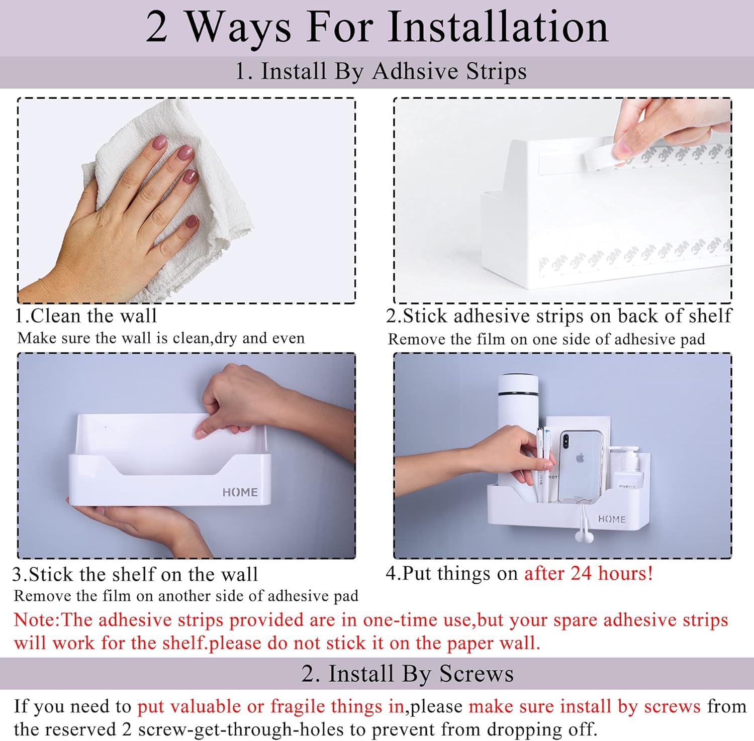 MATIMASU Bedside Shelf Organizer Storage Caddy Wall Mount Adhesive Box