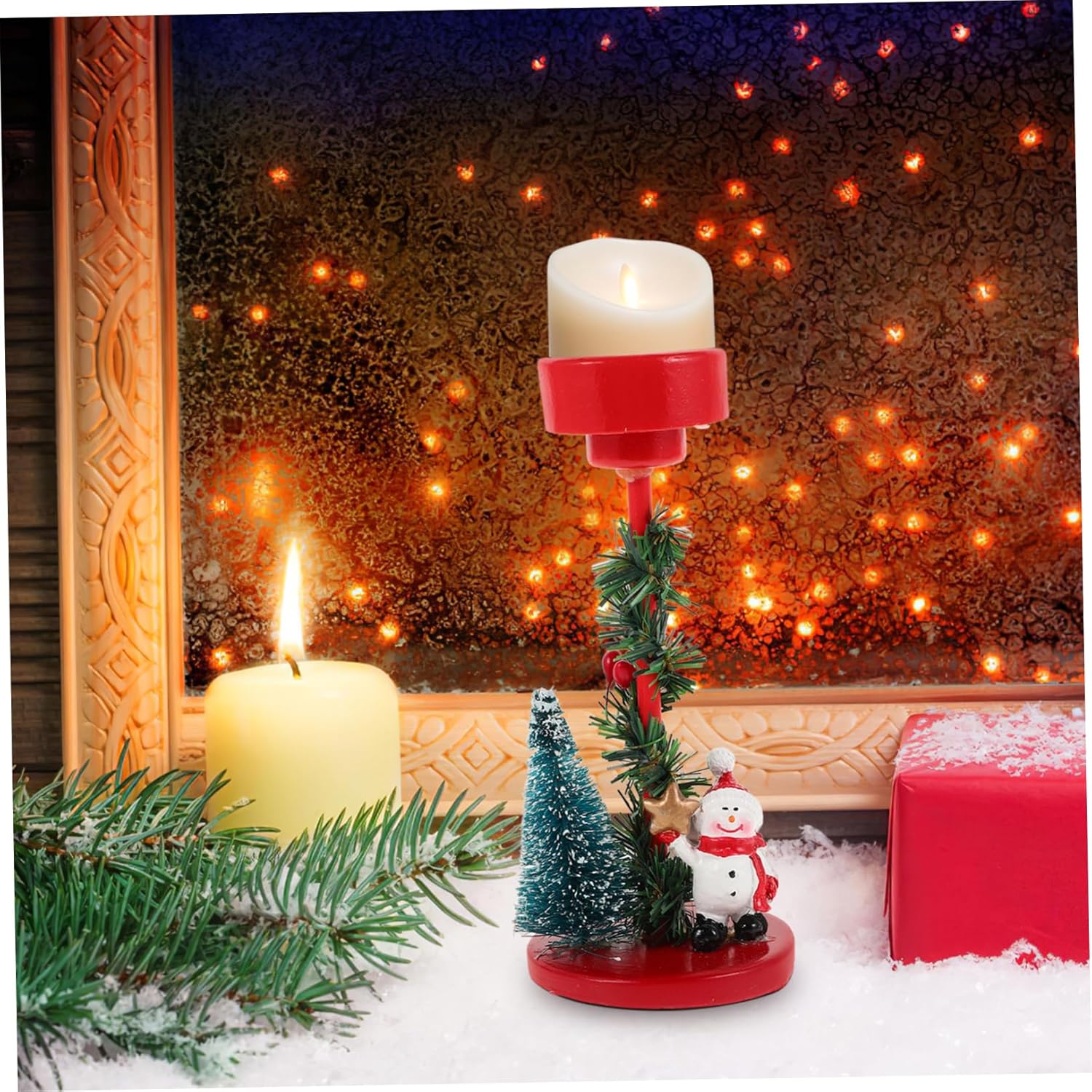 Christmas Candle Stand with Snowman Decor