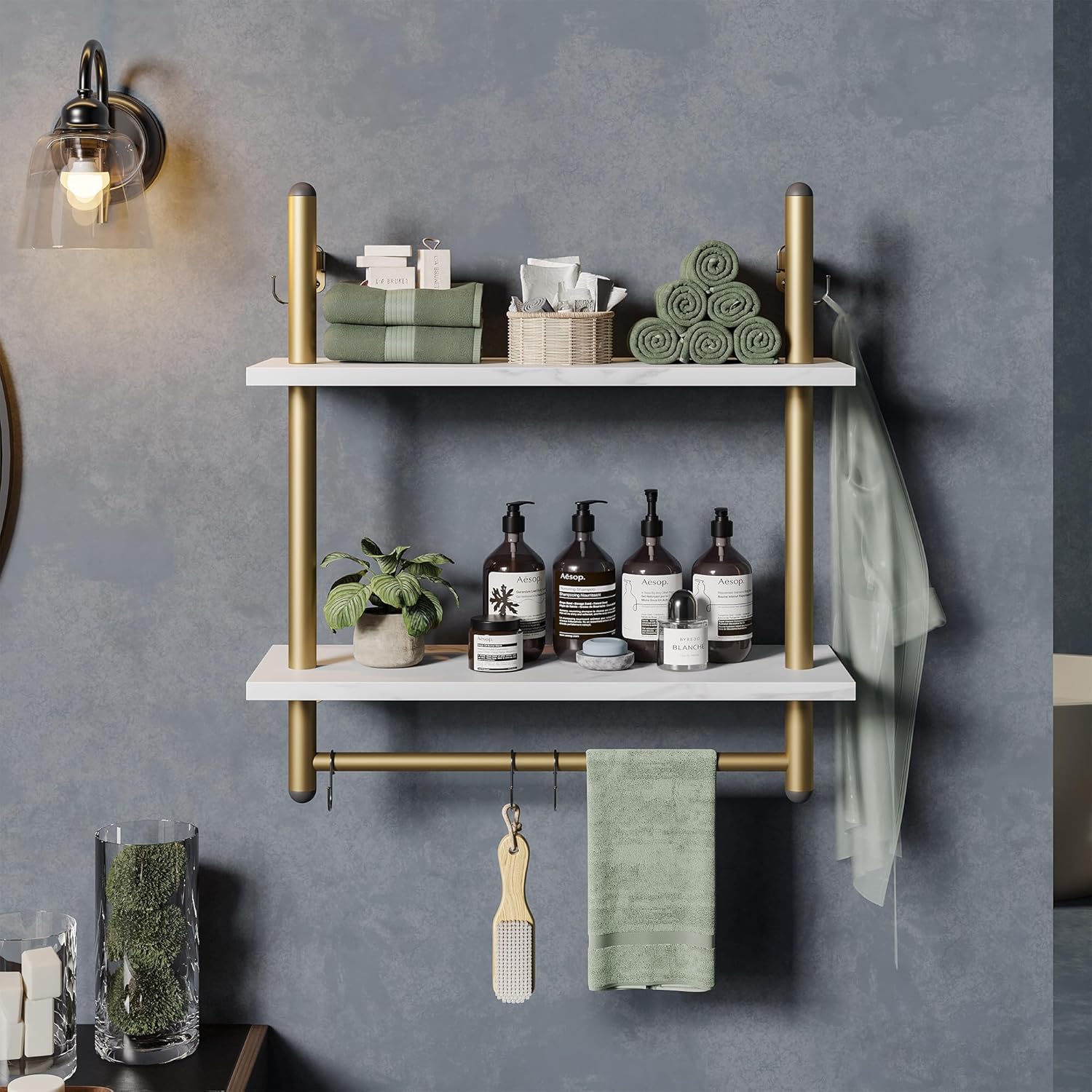 Bestier 24 inch White Marble Floating Shelves with Towel Bar