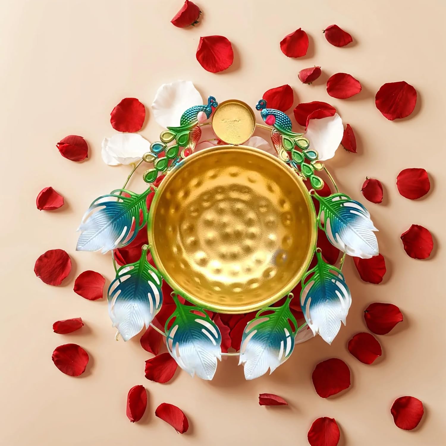 Peacock Urli Bowl - Elegant Floating Flower Tea Light Holder