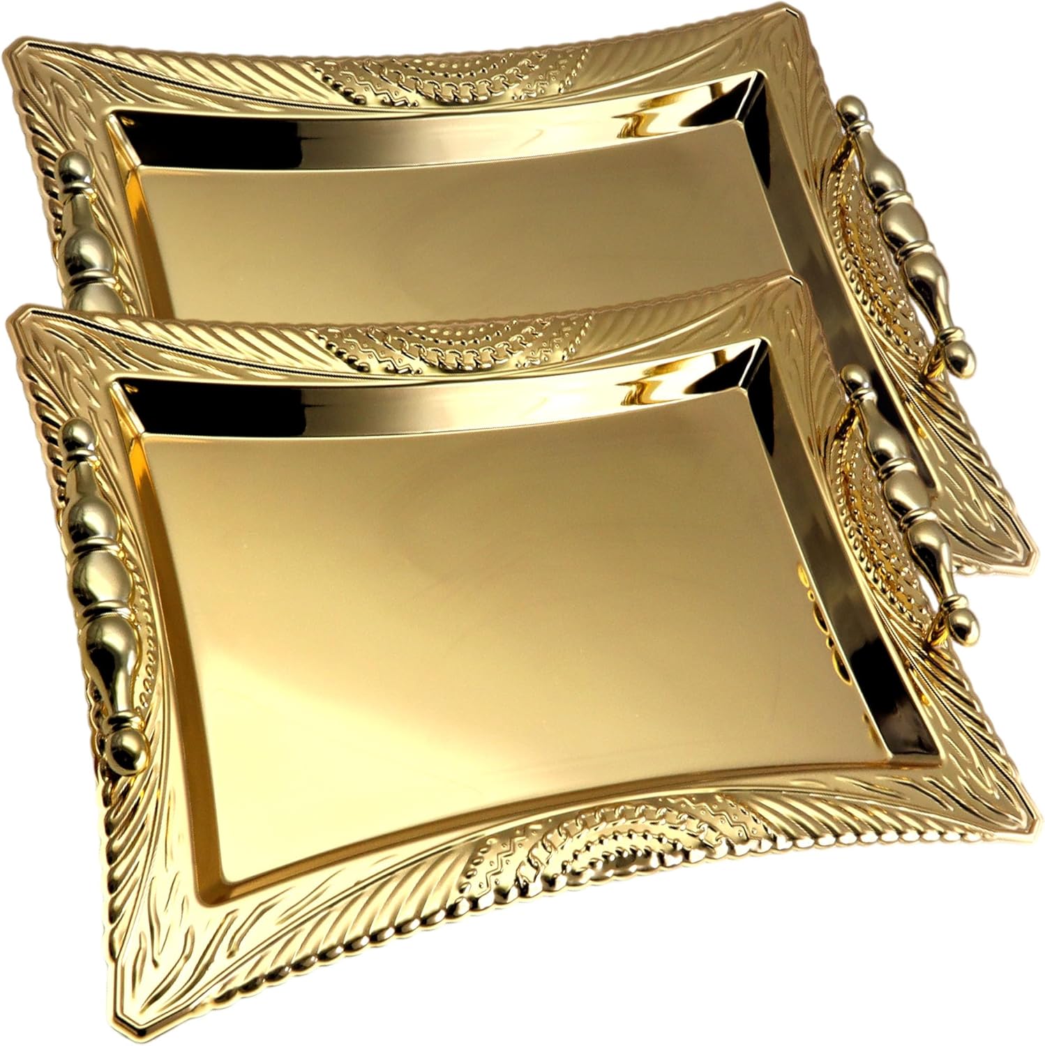 Pack of 2 Gold Plated Mirror Serving Trays with Handles