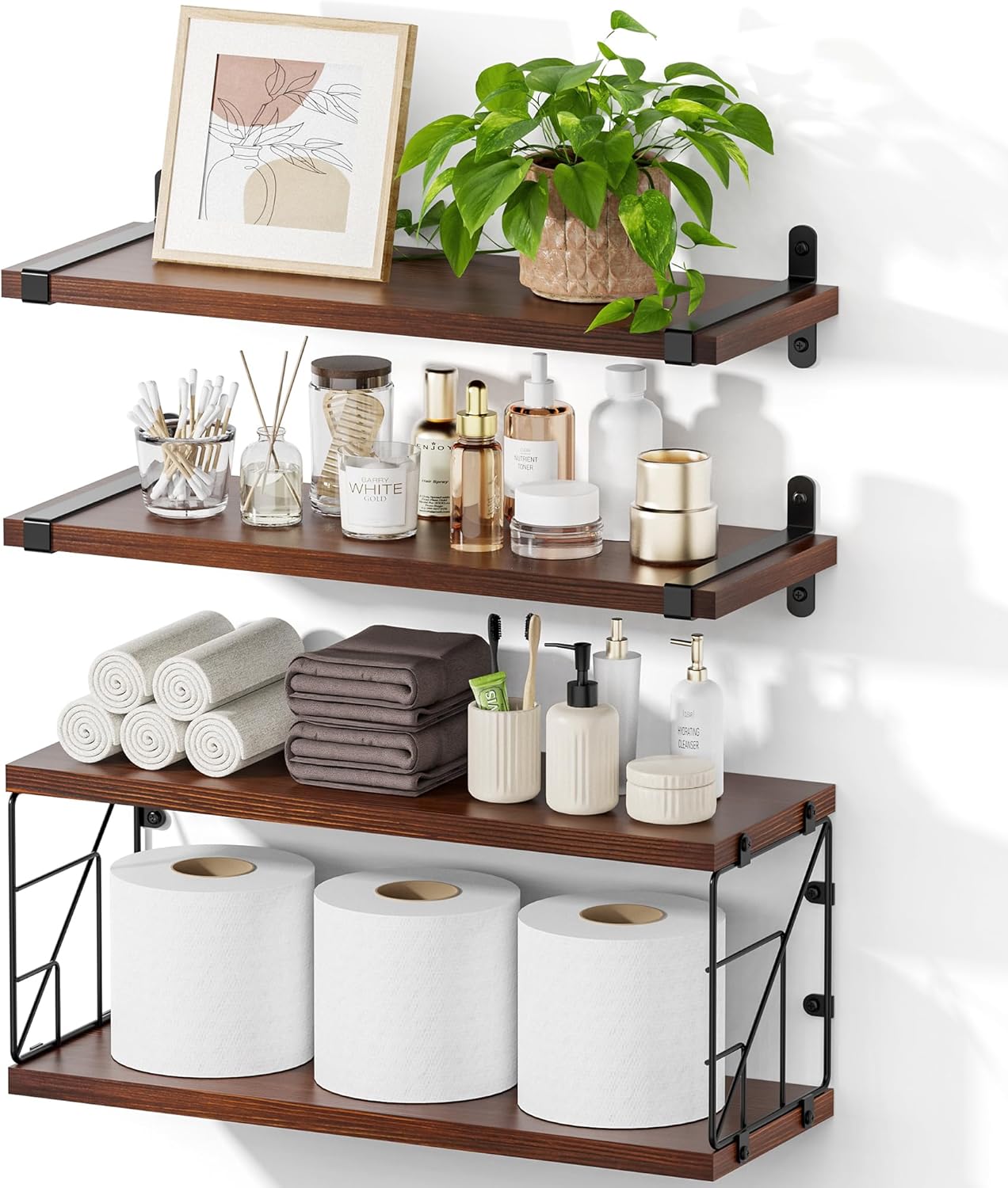 TJ MOREE Rustic Floating Shelves Over Toilet with Basket