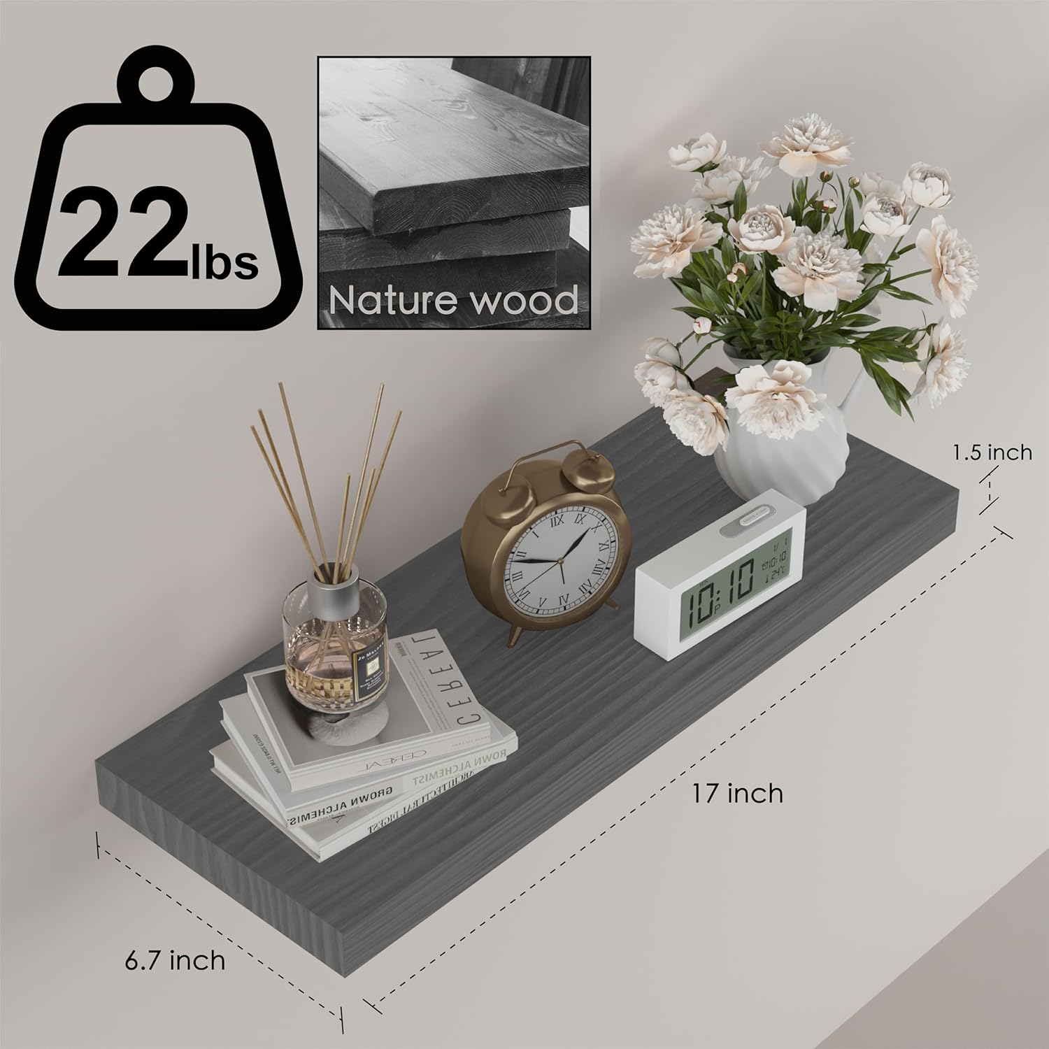 PopiShelves Floating Shelves Set of 2 17 Inch Natural Wood Grey 1