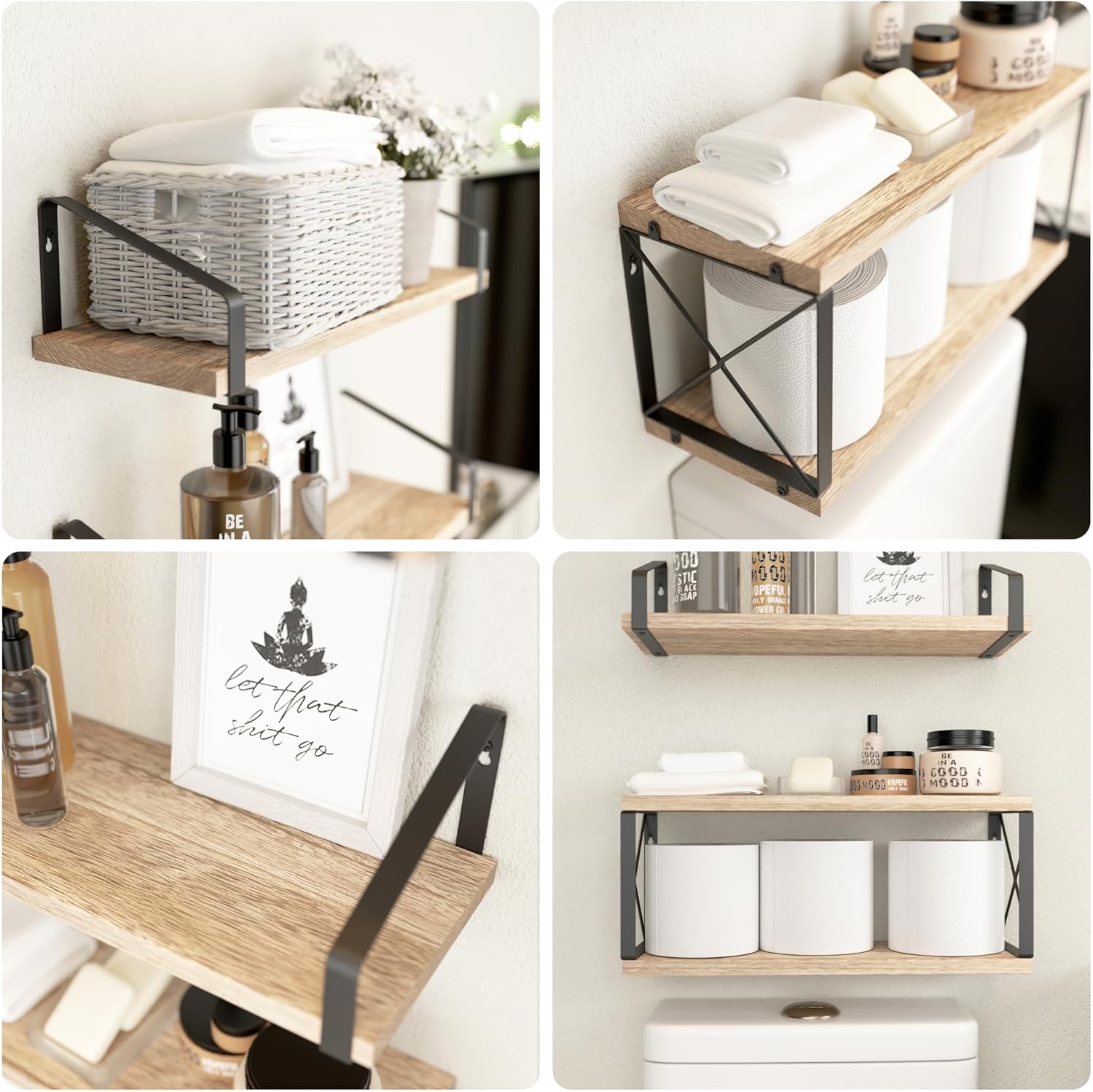 RICHER HOUSE Floating Bathroom Shelves with X-Structure Frame - Brown