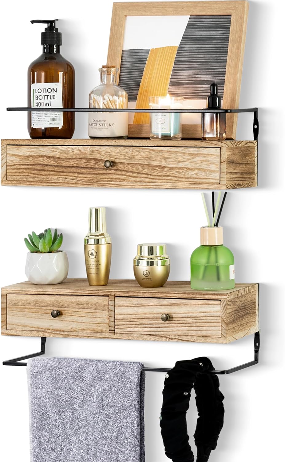 Rustic Floating Shelves with Drawer Set of 2 Brown