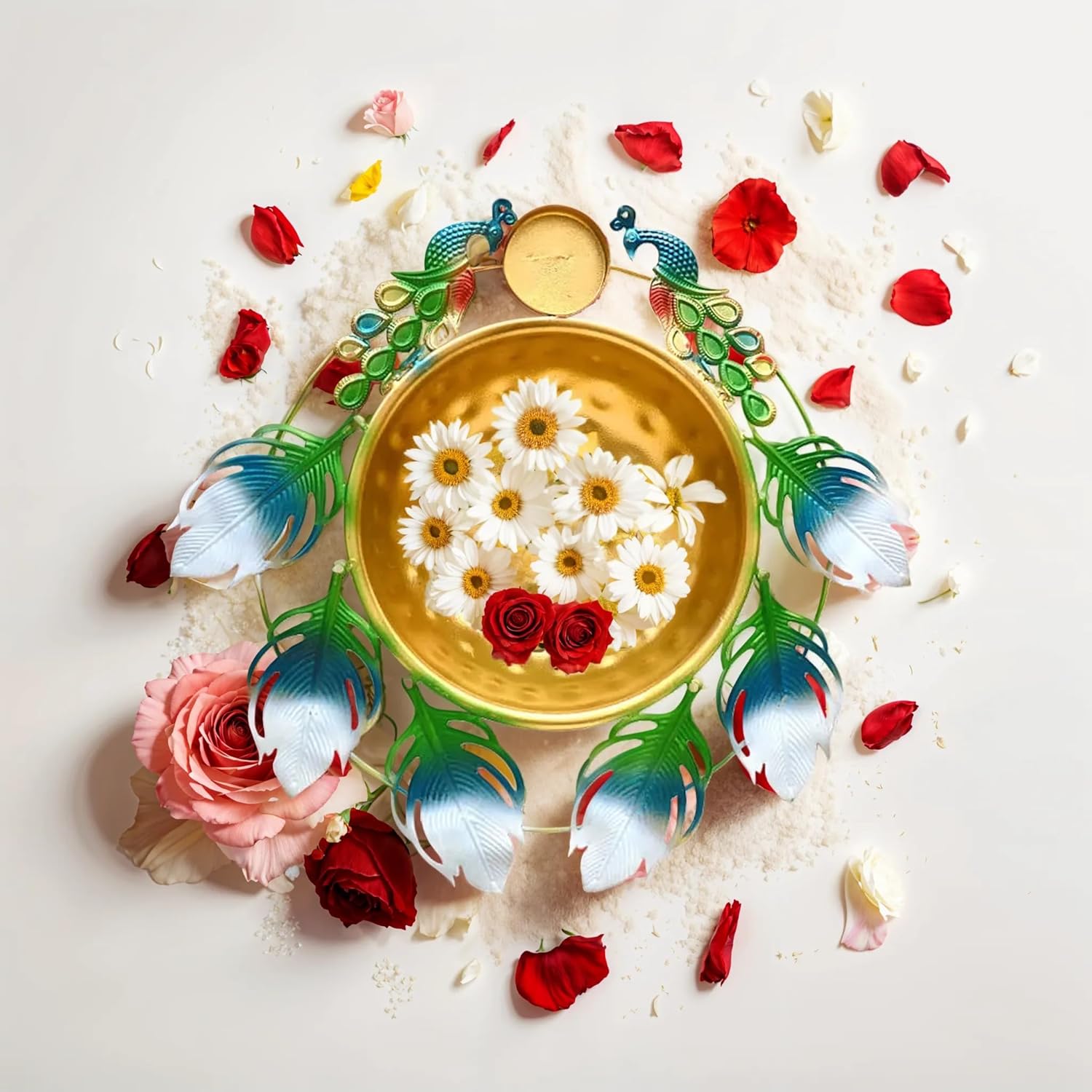 Peacock Urli Bowl - Elegant Floating Flower Tea Light Holder