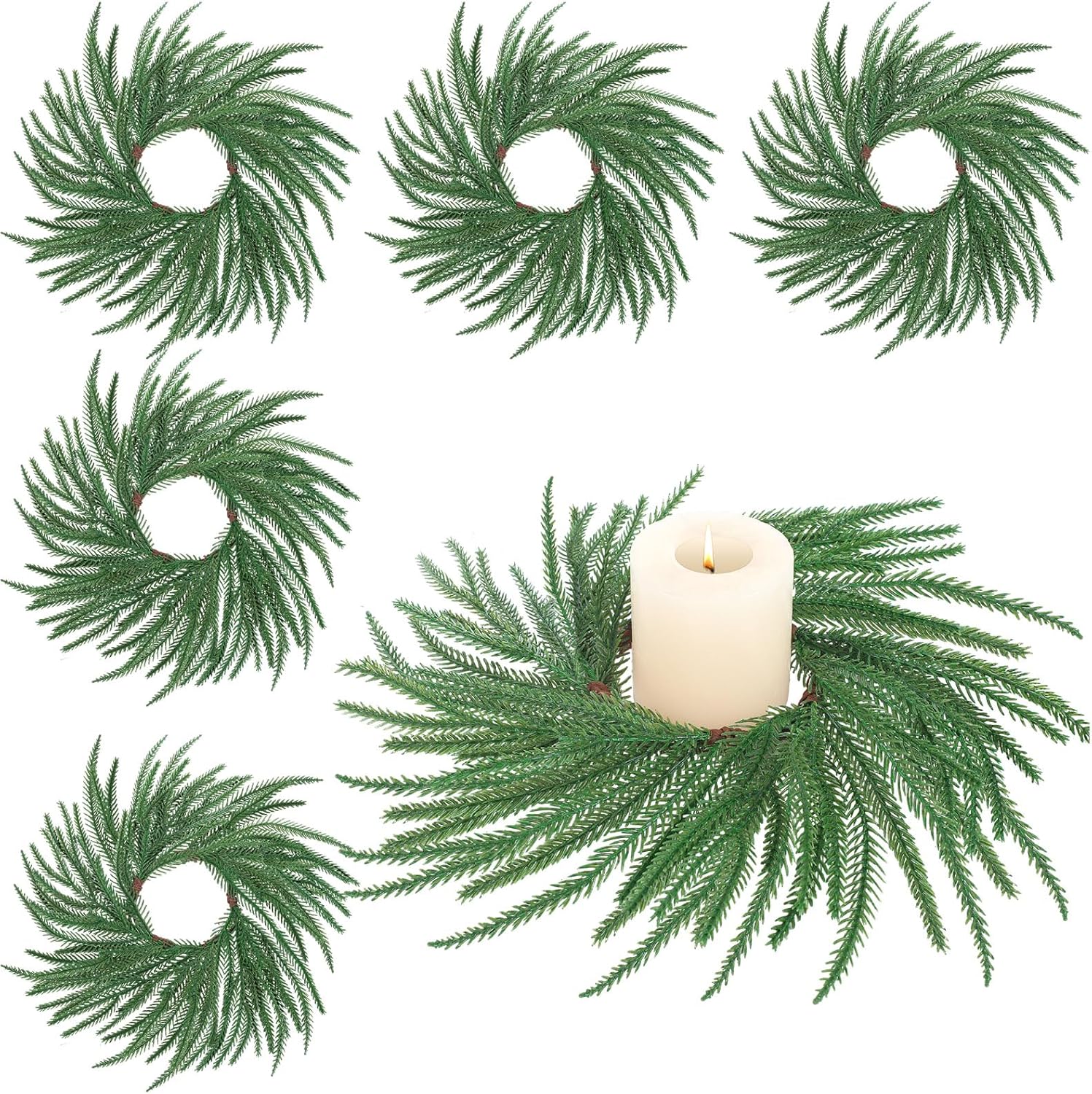 Christmas Candle Wreath 10 Inch Artificial Norfolk Pine 6pcs