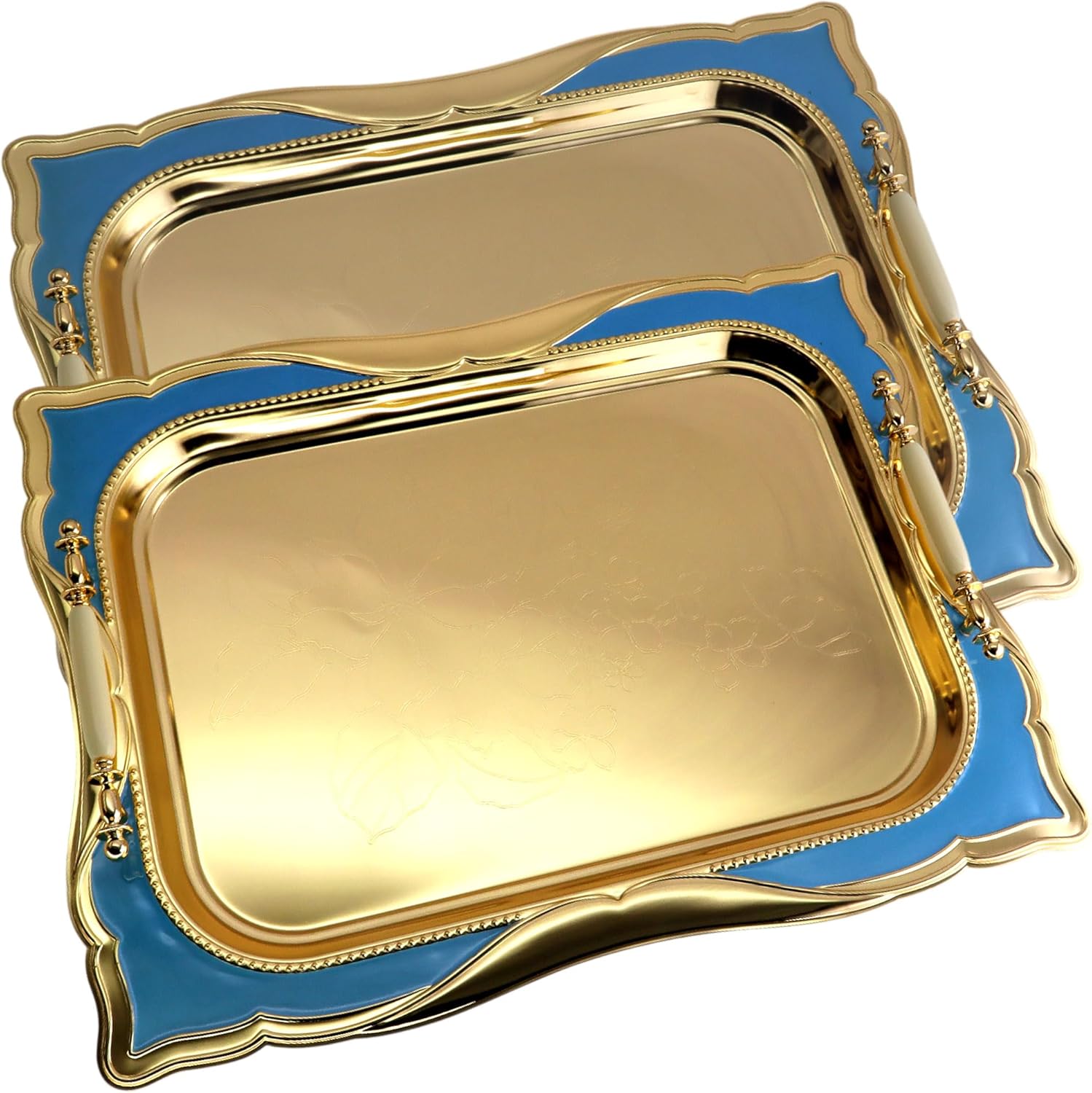 Pack of 2 Gold Plated Iron Serving Trays with Handles
