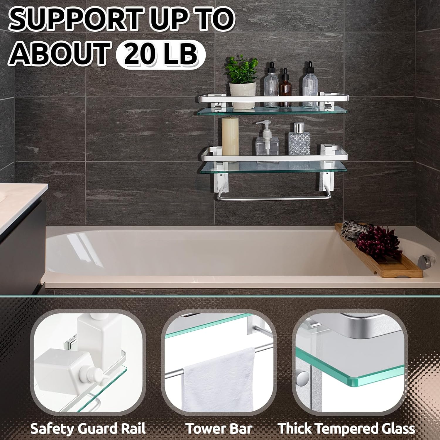 Suzile 2-Pcs Floating Glass Bathroom Shelf with Towel Bar