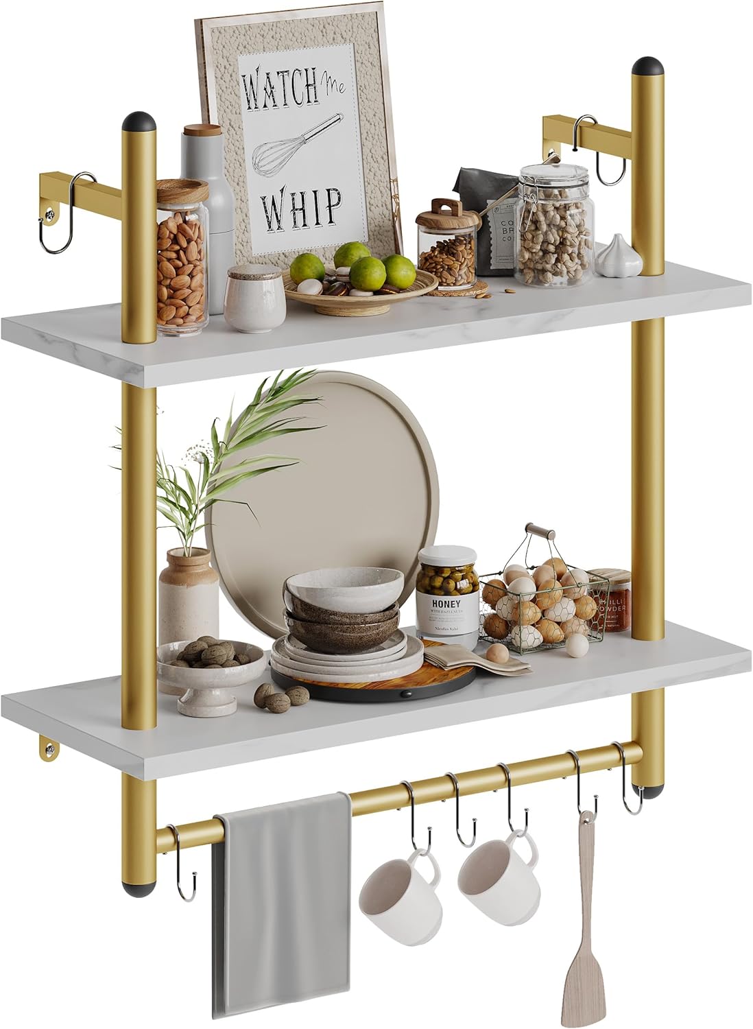 Bestier 24 inch White Marble Floating Shelves with Towel Bar