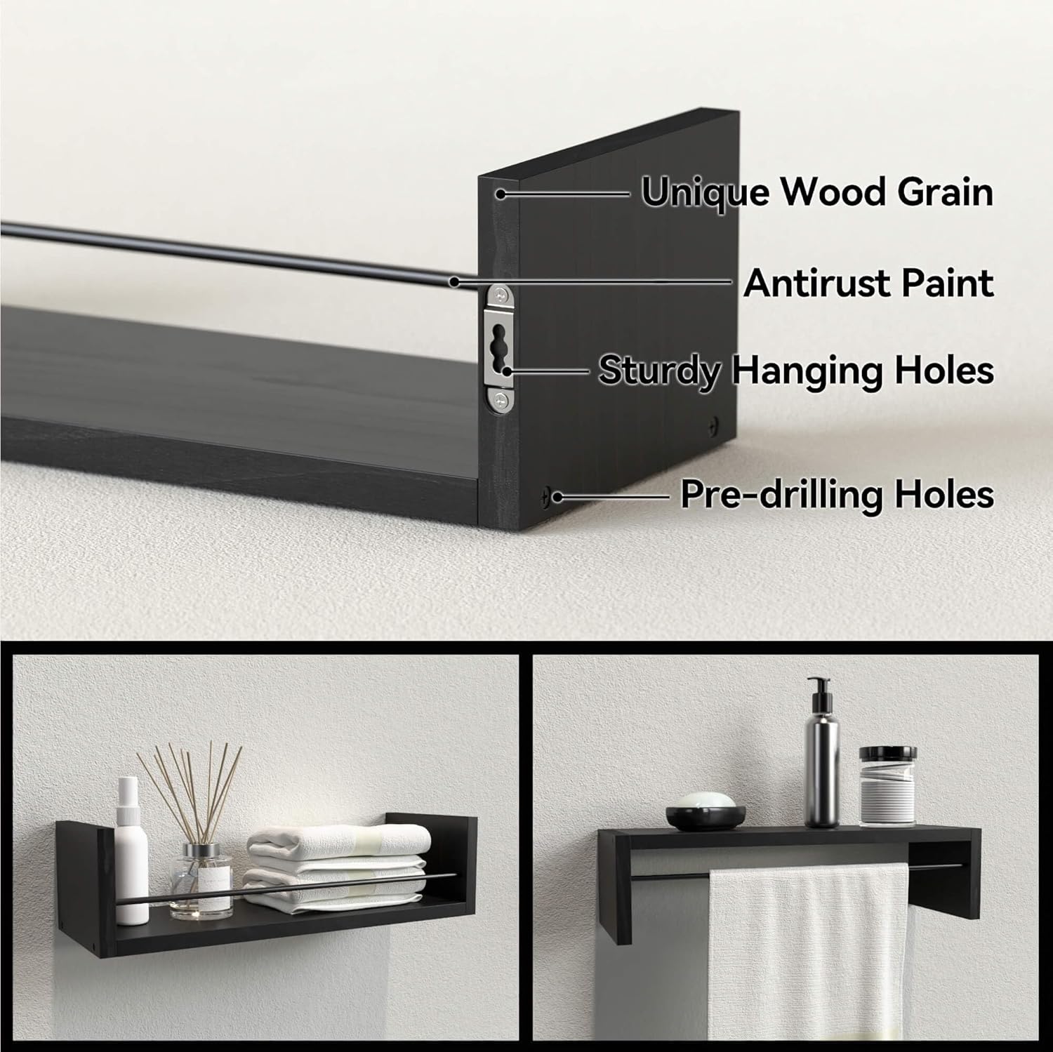 RICHER HOUSE Floating Wall Shelves with Towel Bar - Black 1
