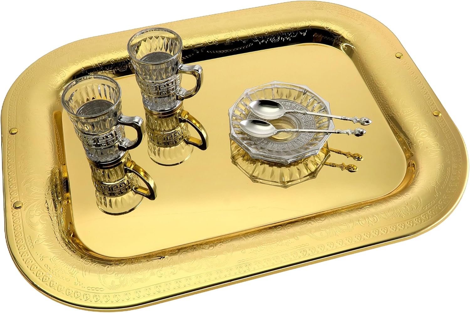 Pack of 2 182x142 Inch Gold Plated Serving Trays with Floral Edge