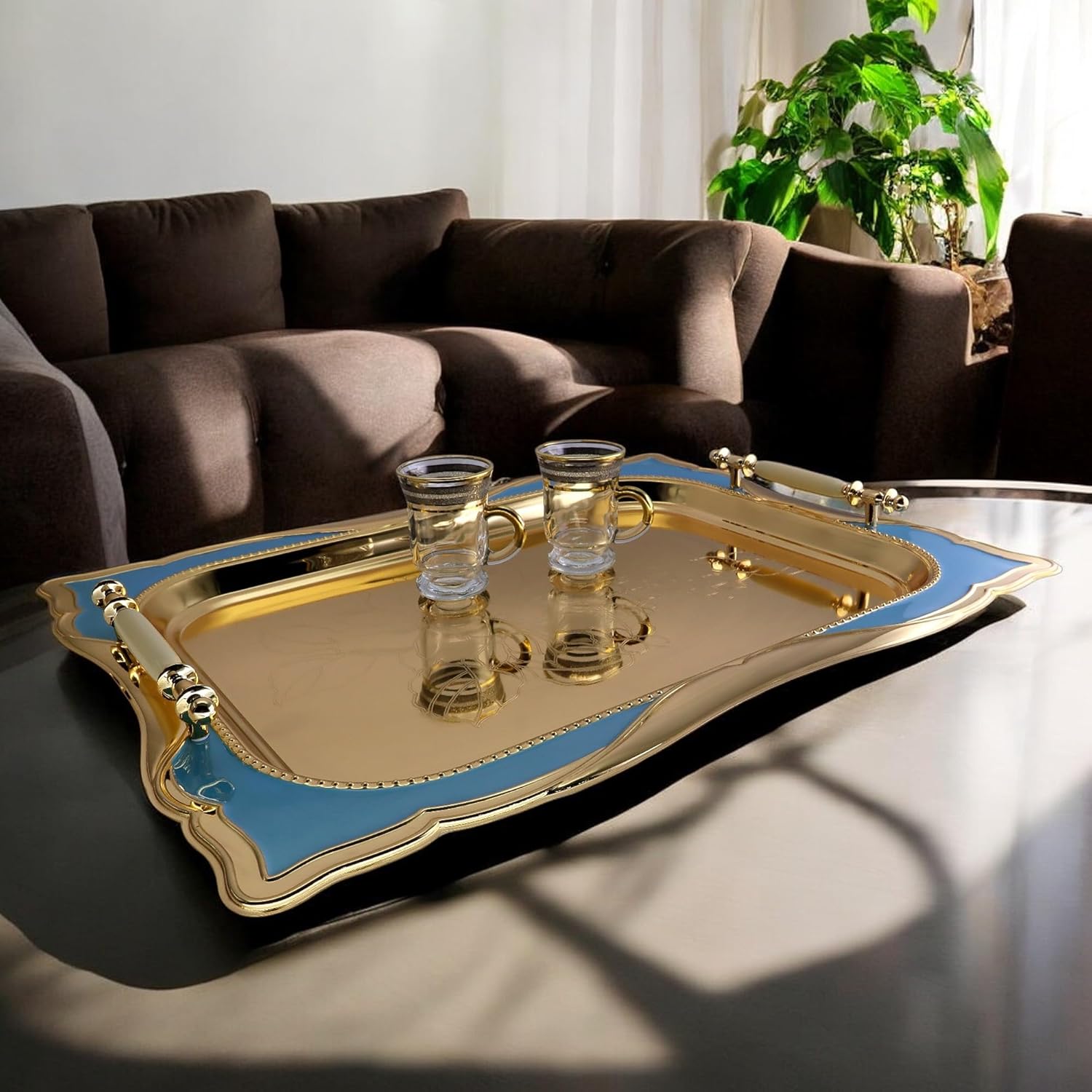 Pack of 2 Gold Plated Iron Serving Trays with Handles