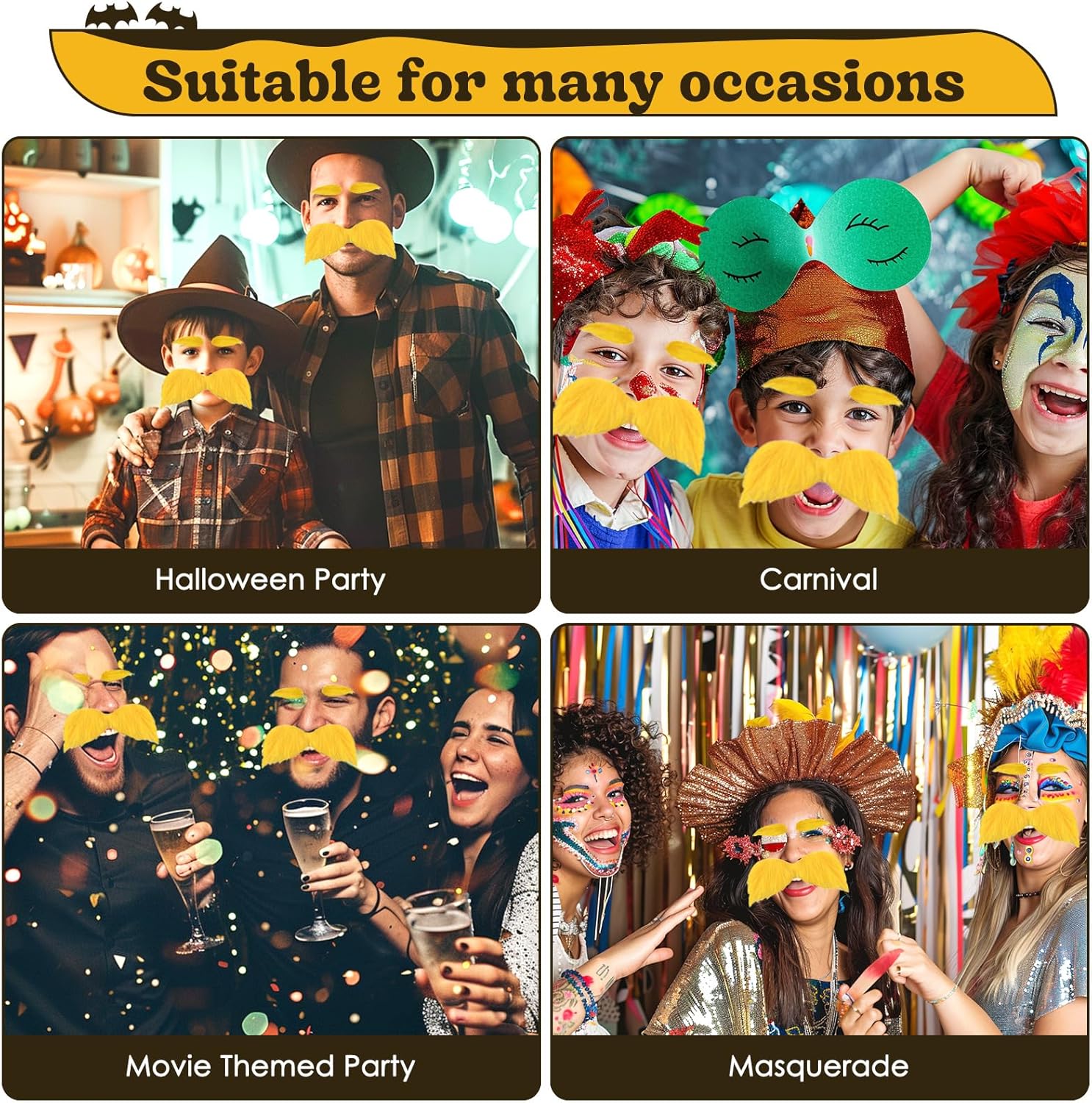 Yellow Fake Mustache and Eyebrows Self Adhesive Adult Costume Accessory