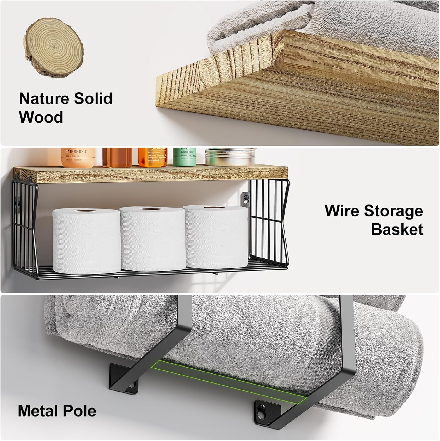HAMITOR Floating Shelves Over Toilet - Rustic Wood Storage Towel Rack