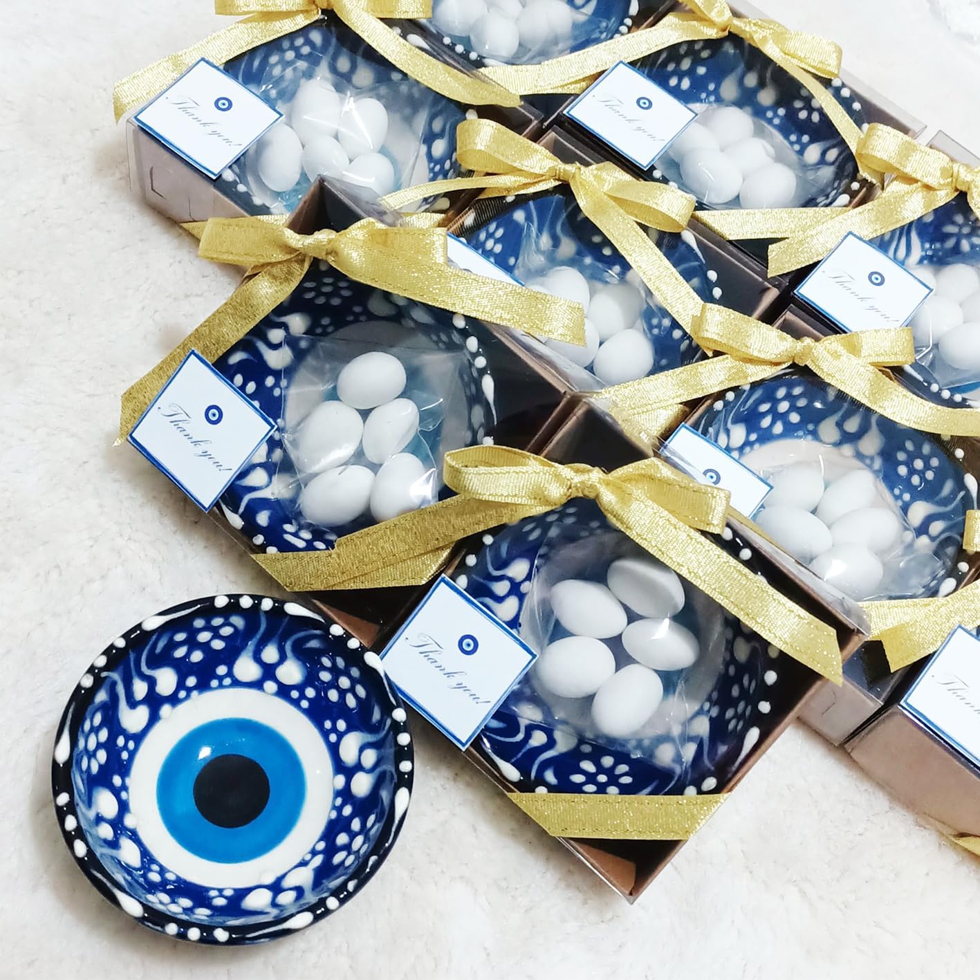 12 PCS Evil Eye Ceramic Bowls with Gold Ribbon and Almond Candy