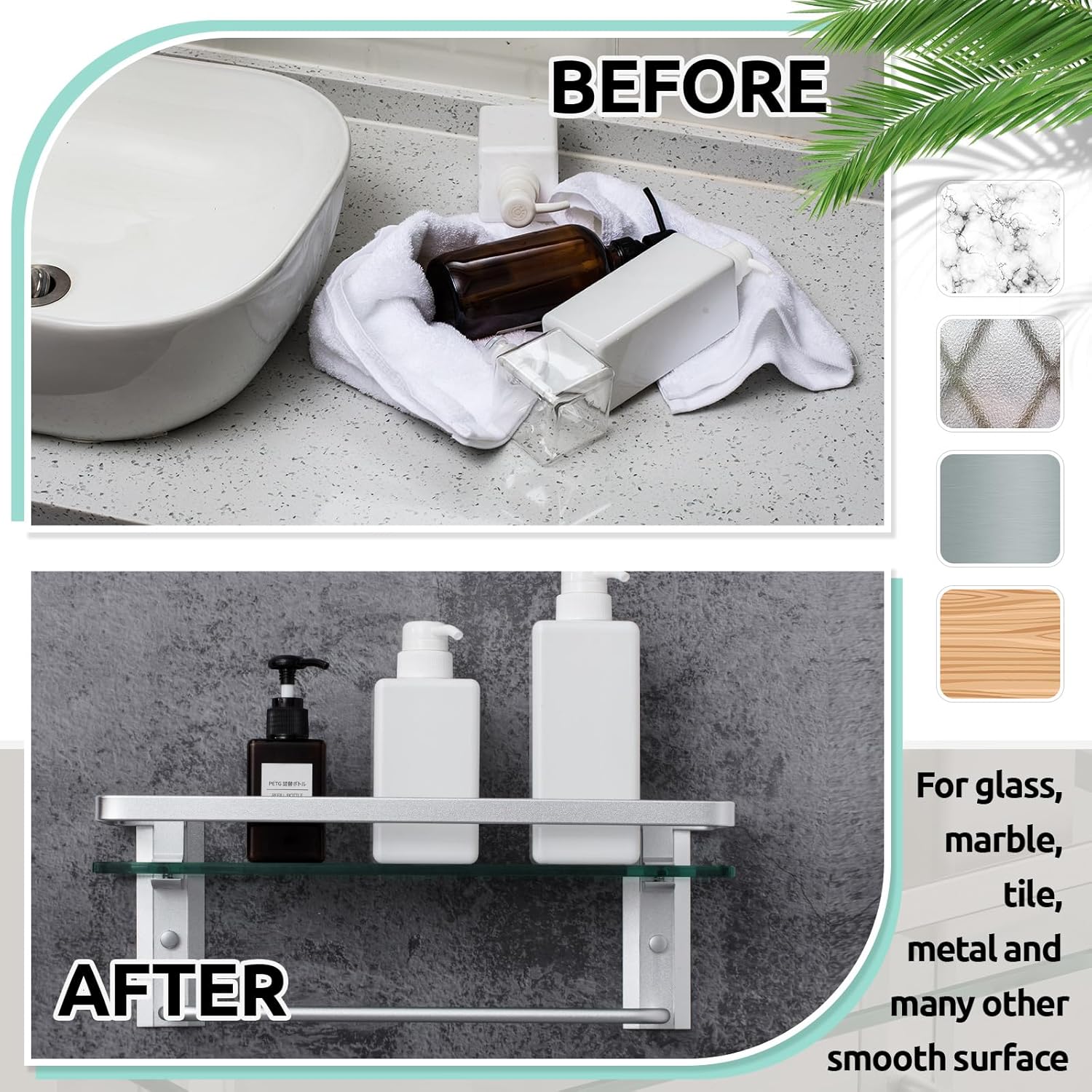 Suzile 2-Pcs Floating Glass Bathroom Shelf with Towel Bar