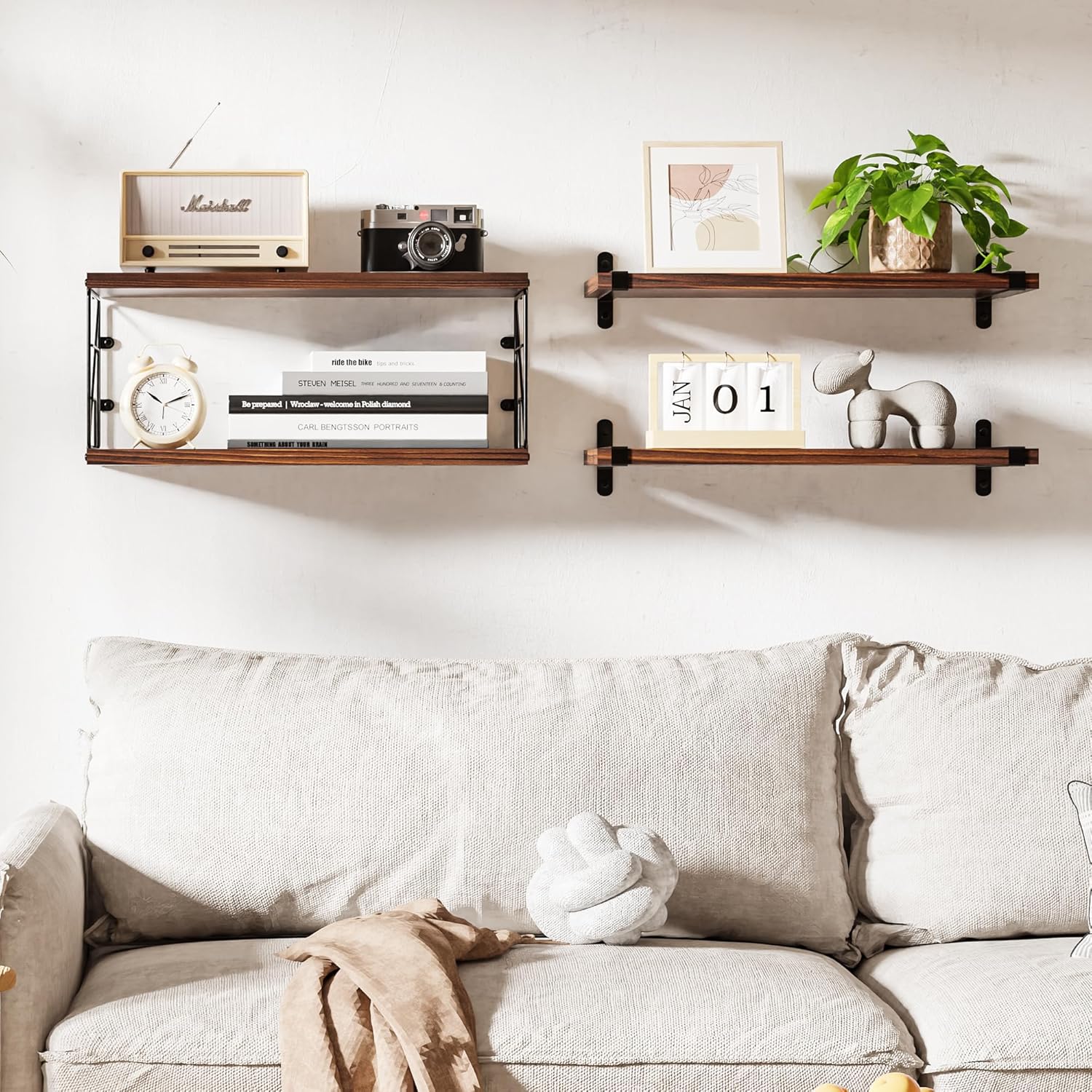 TJ MOREE Rustic Floating Shelves Over Toilet with Basket