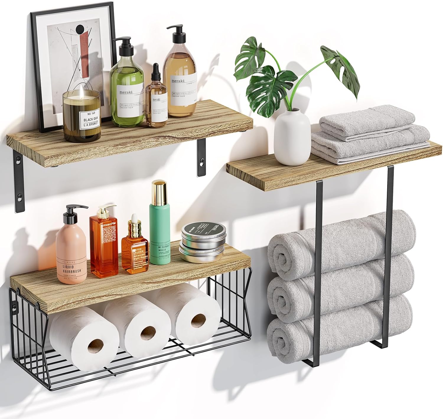 HAMITOR Floating Shelves Over Toilet - Rustic Wood Storage Towel Rack