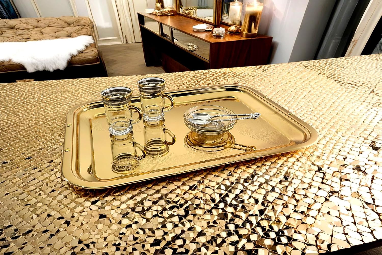 Pack of 2 17 x 131 Iron Gold Plated Serving Trays