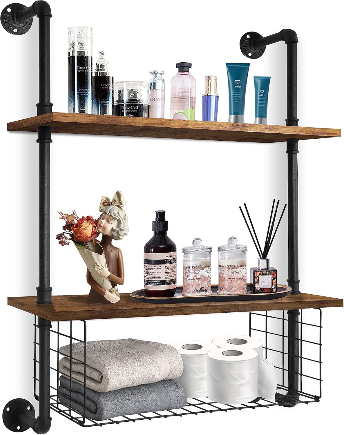 GILPWA 2 Tier Industrial Pipe Shelf with Wood Baskets