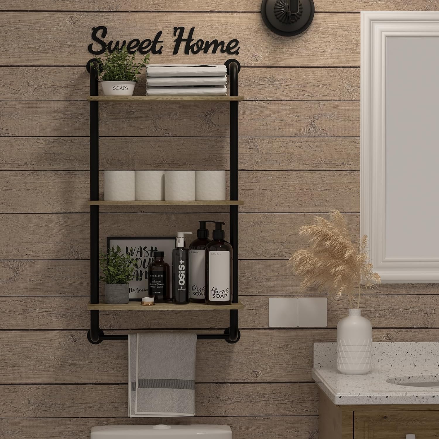 Tinpin 3-Tier Rustic Farmhouse Wall Shelf with Towel Rack