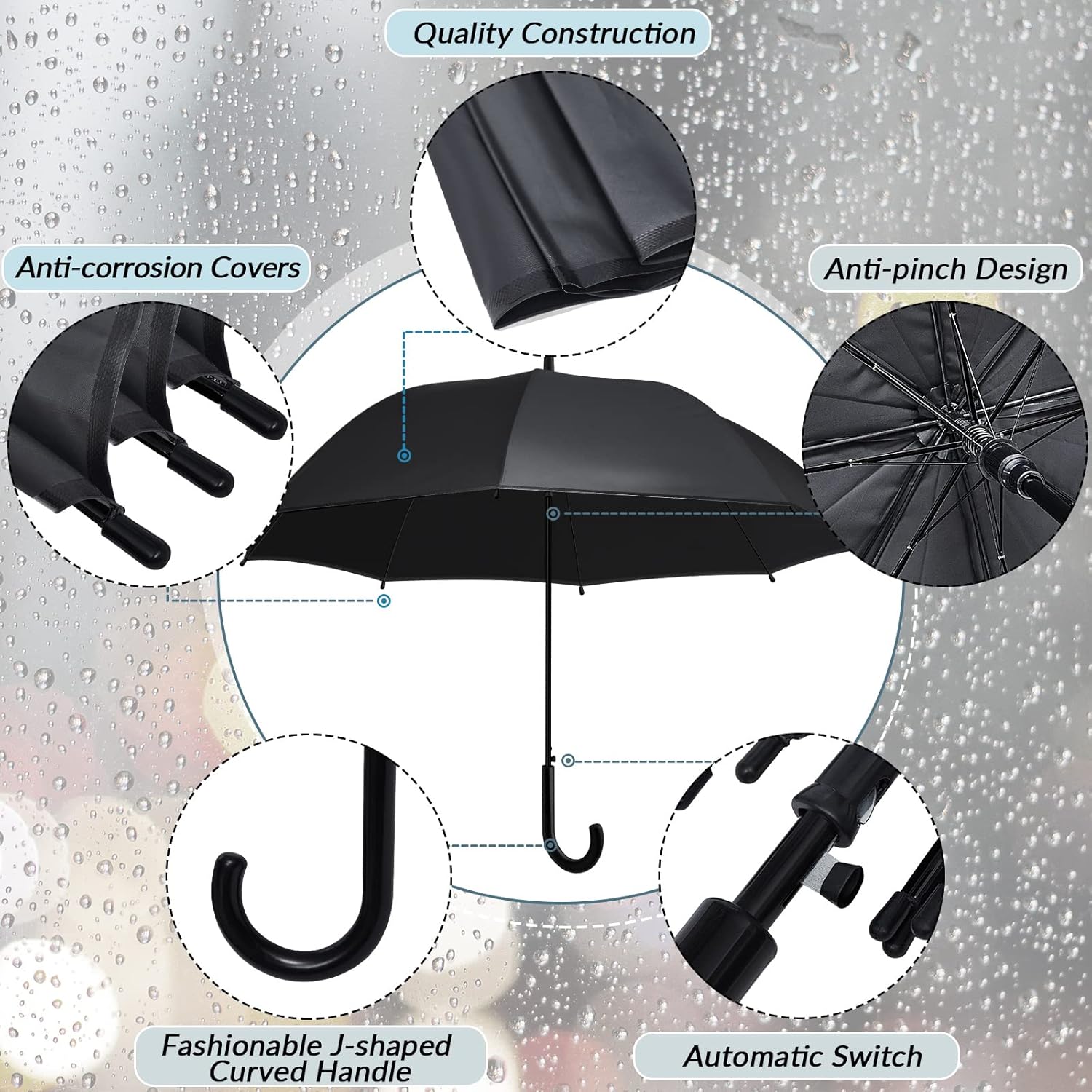 Reginary 12-Pack Black Windproof Stick Umbrellas with J Hook Handle