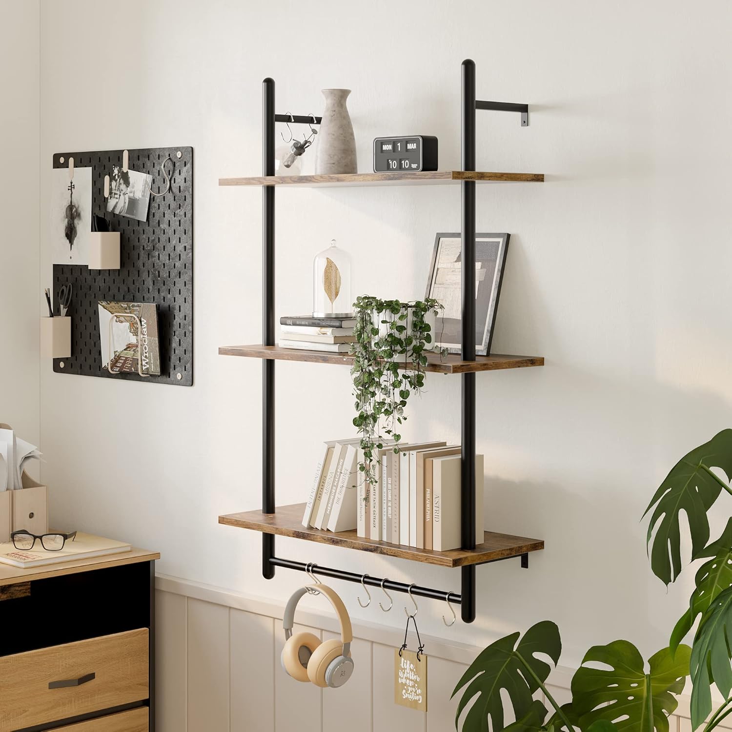 Bestier 3 Tier Floating Wall Shelves with Towel Bar and Hooks