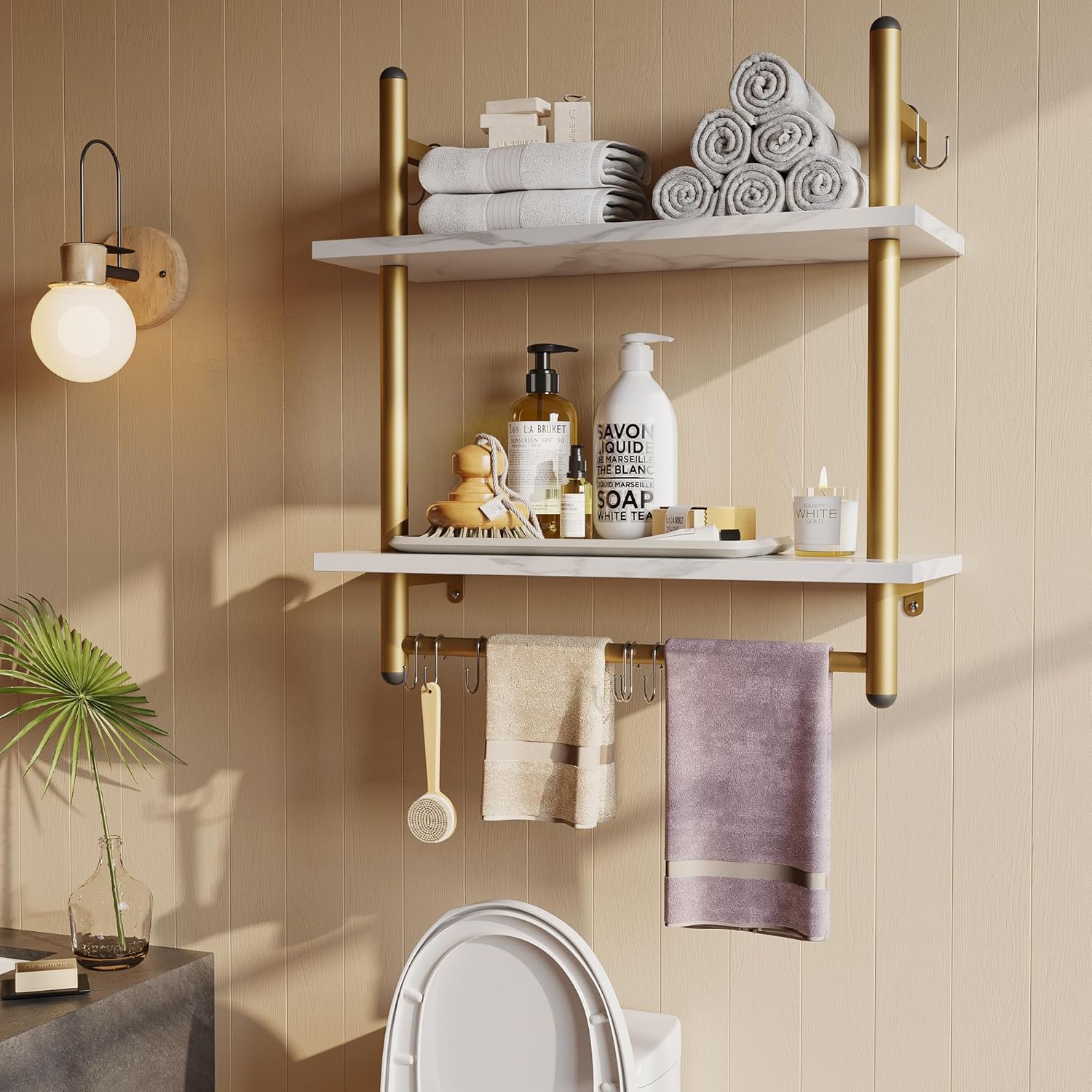 Bestier 24 inch White Marble Floating Shelves with Towel Bar