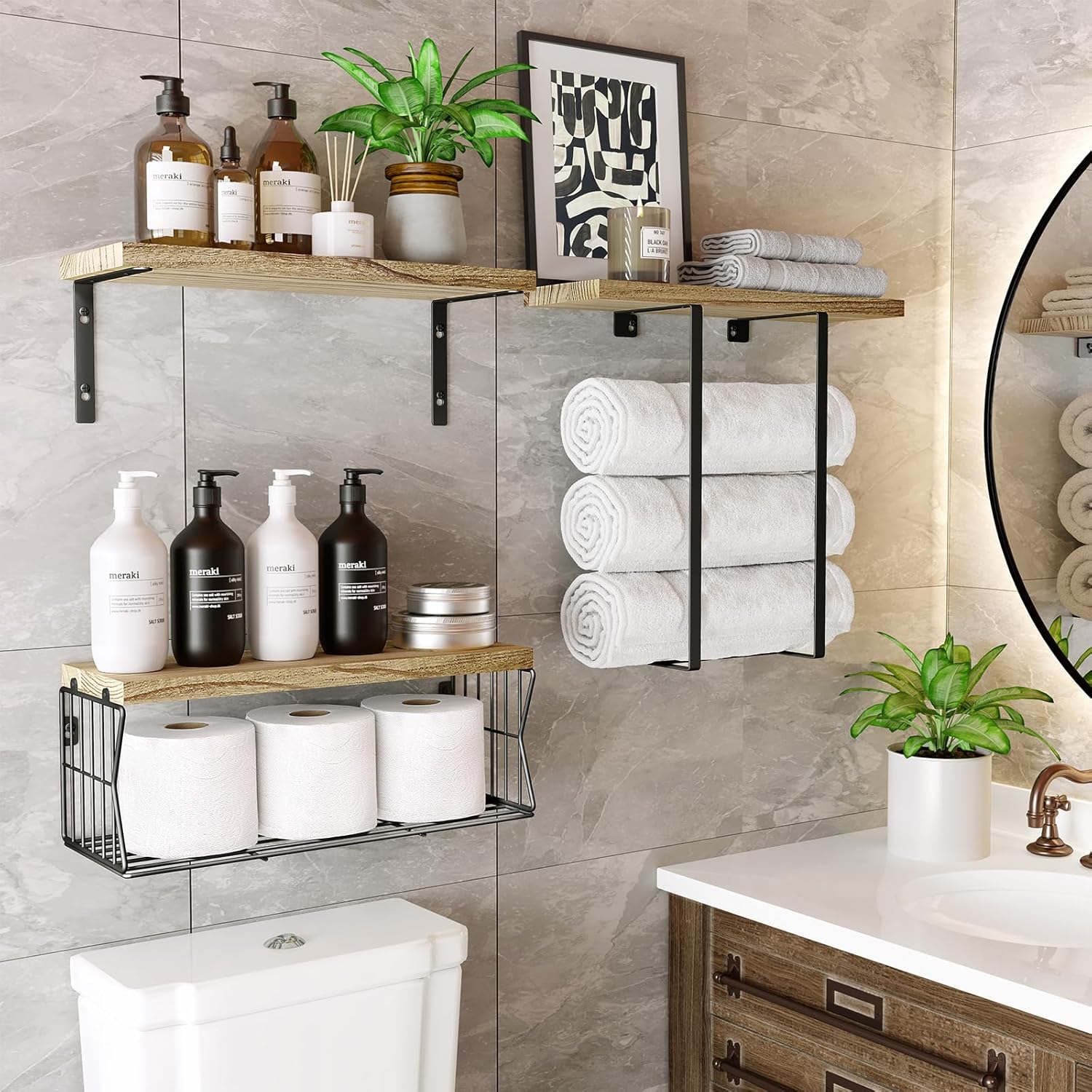 HAMITOR Floating Shelves Over Toilet - Rustic Wood Storage Towel Rack