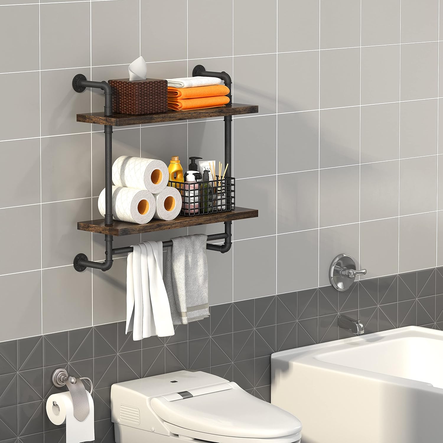 Helsin 24inch Floating Shelf with Iron Pipe and Towel Rack