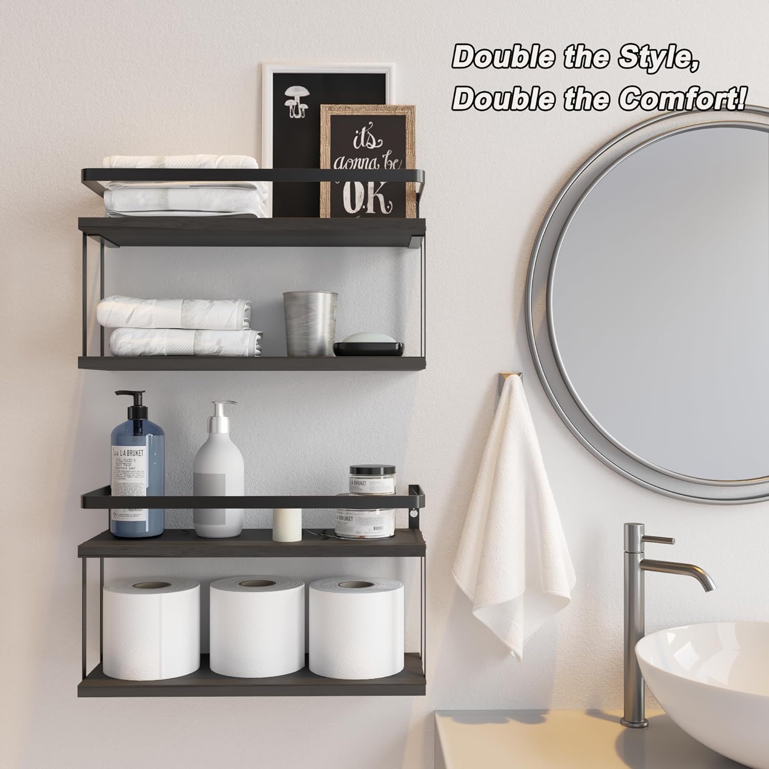 RICHER HOUSE Dual-Level Wood Floating Shelves with Guardrail - Black