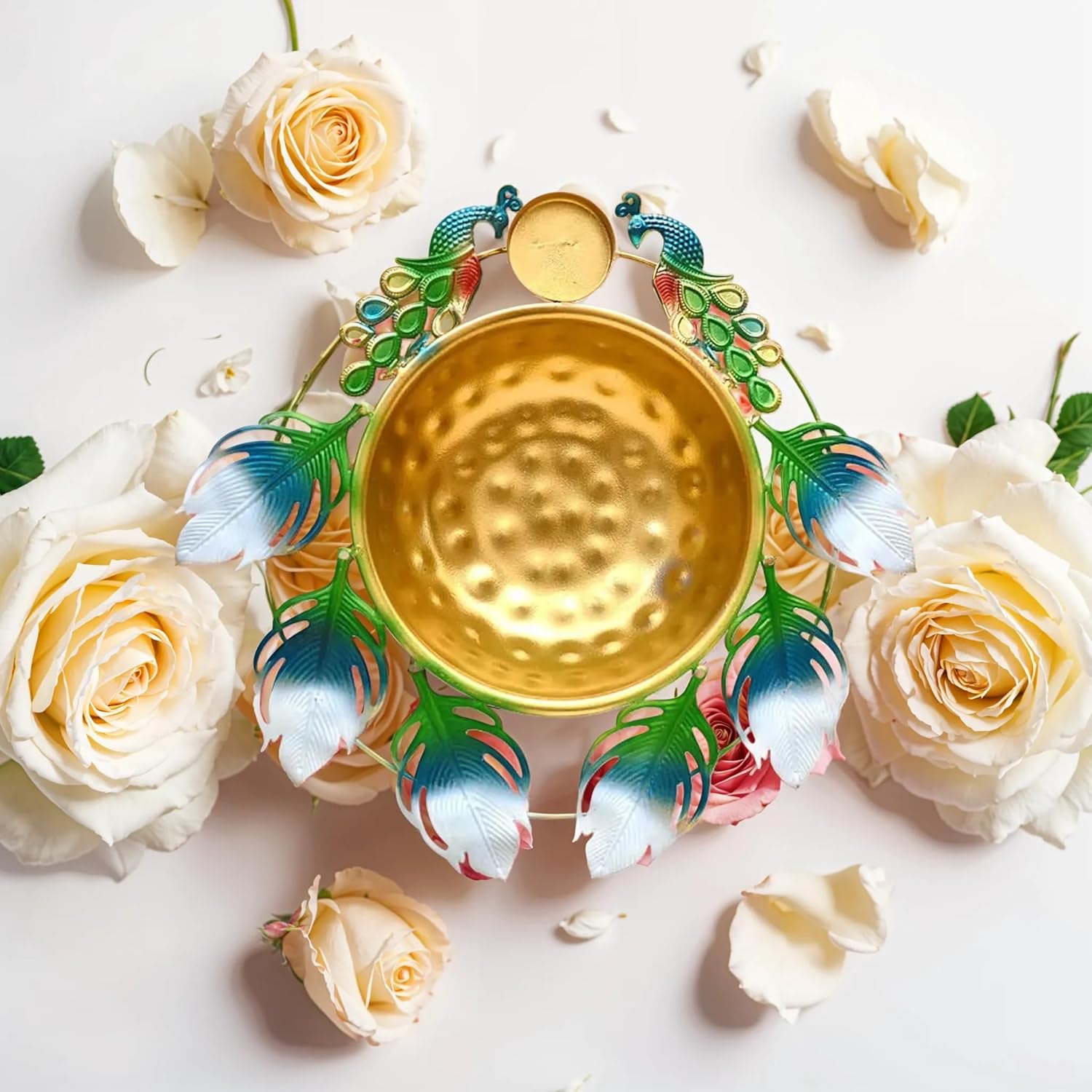 Peacock Urli Bowl - Elegant Floating Flower Tea Light Holder
