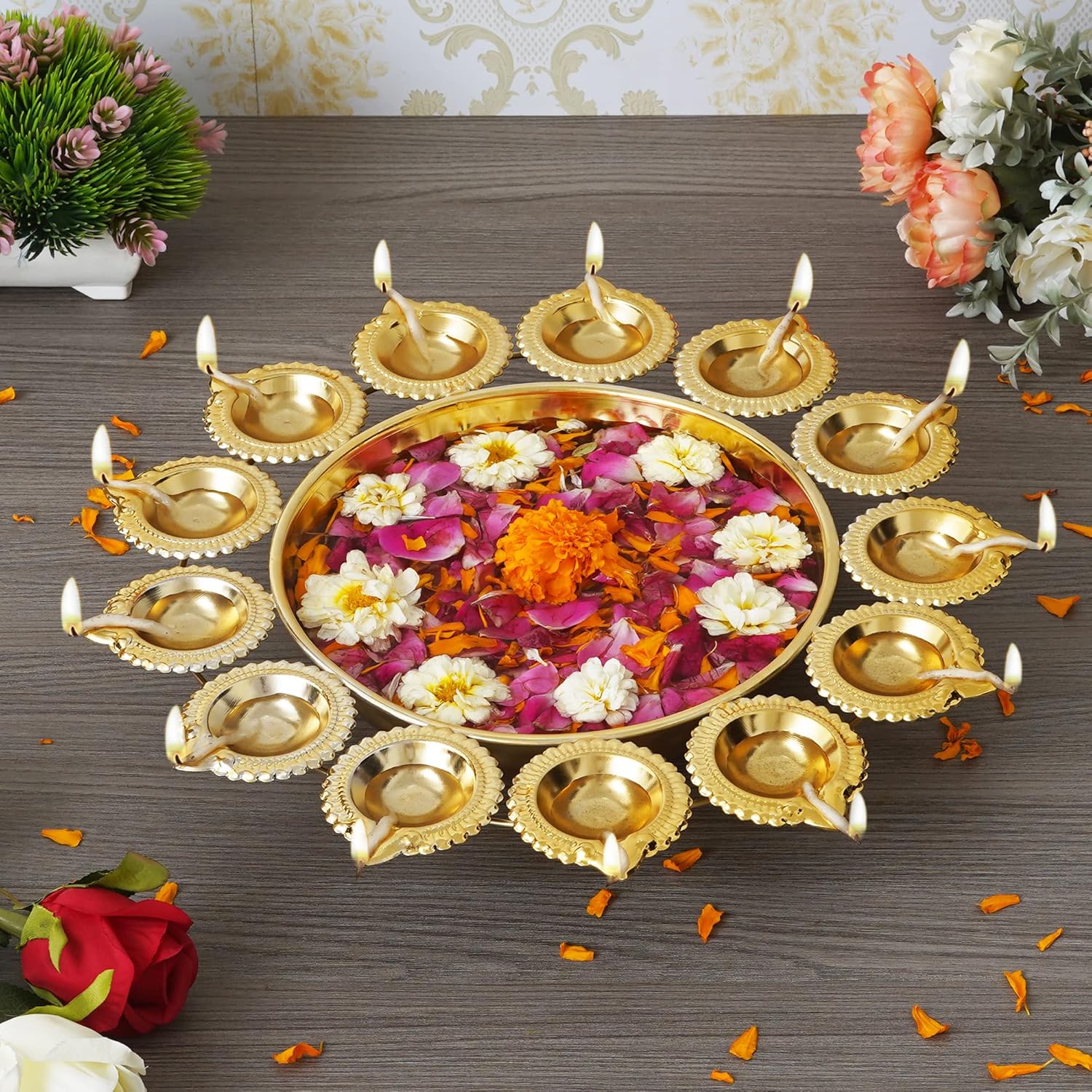Sharvgun Diya Shape Flower Decorative Urli Bowl