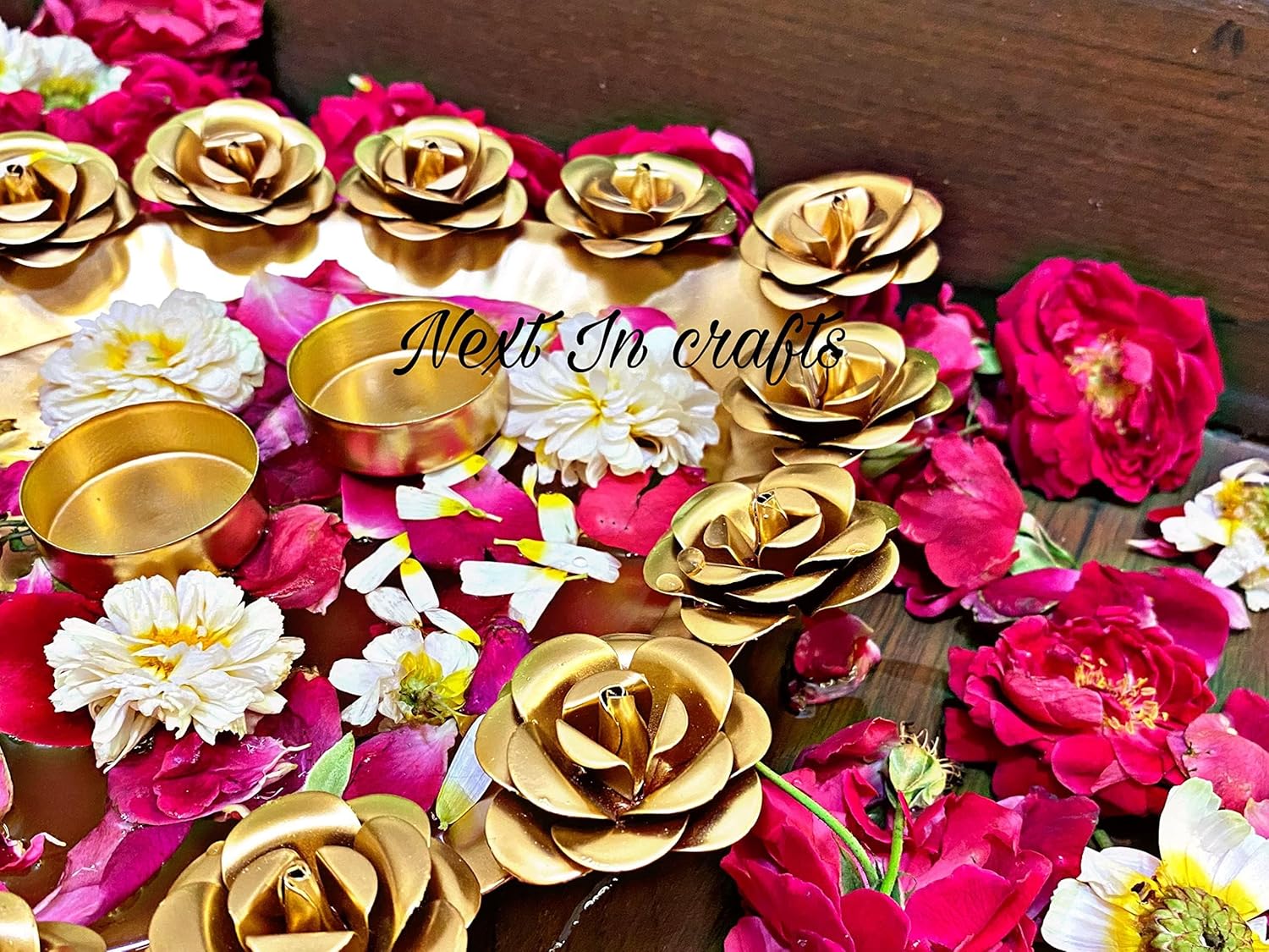 Next In Crafts Gold Metal Diya Shape Flower Urli Bowl