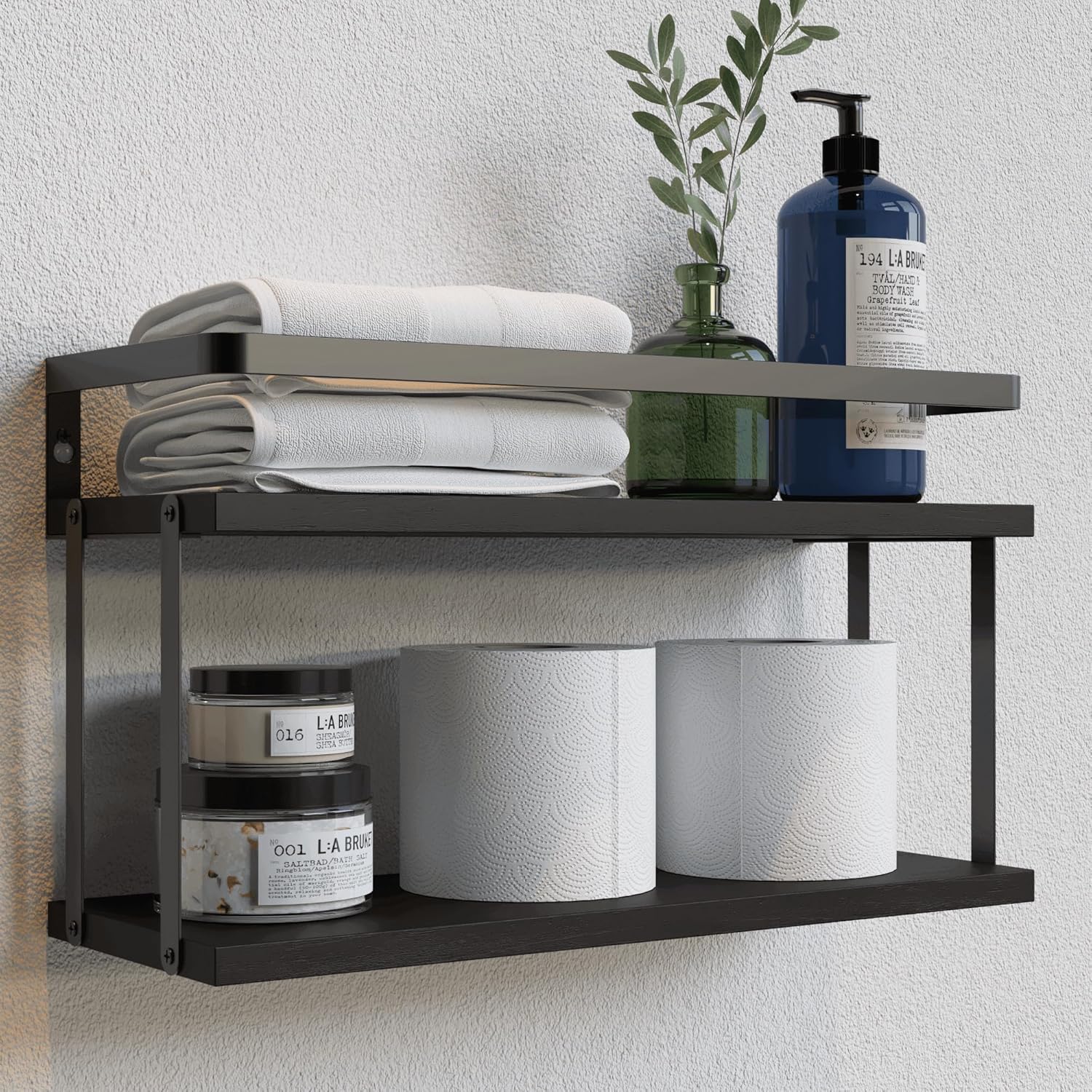 RICHER HOUSE Dual-Level Wood Floating Shelves with Guardrail - Black