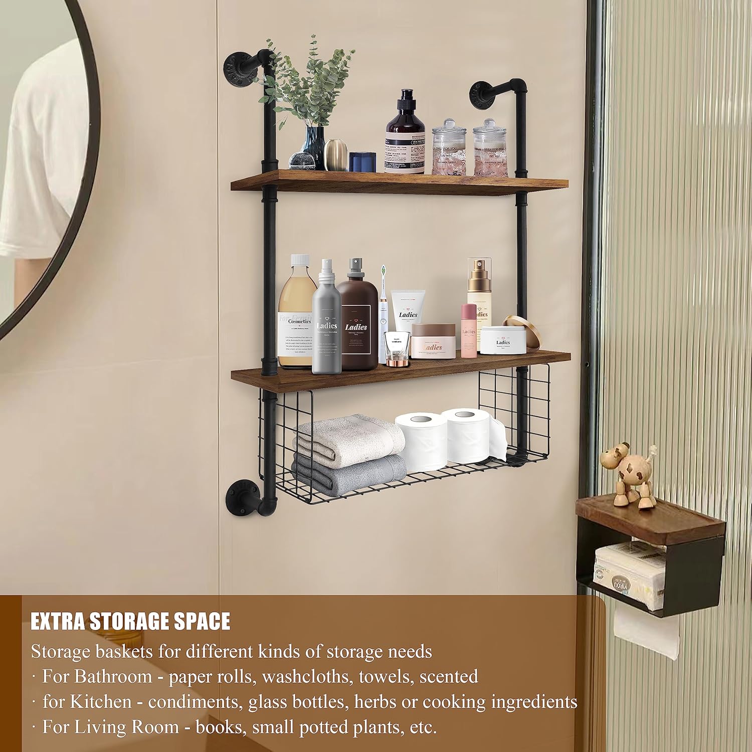 GILPWA 2 Tier Industrial Pipe Shelf with Wood Baskets