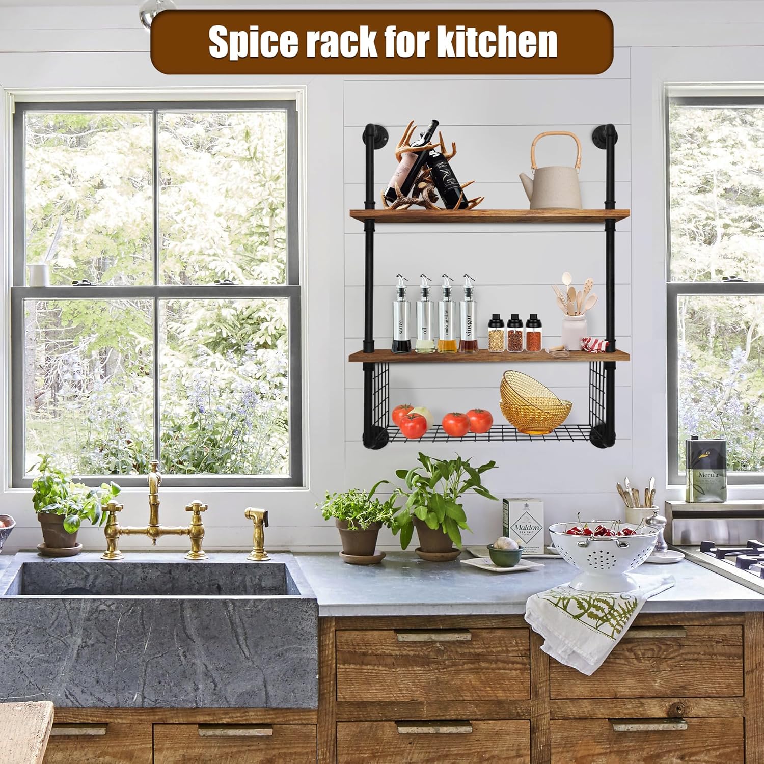 GILPWA 2 Tier Industrial Pipe Shelf with Wood Baskets