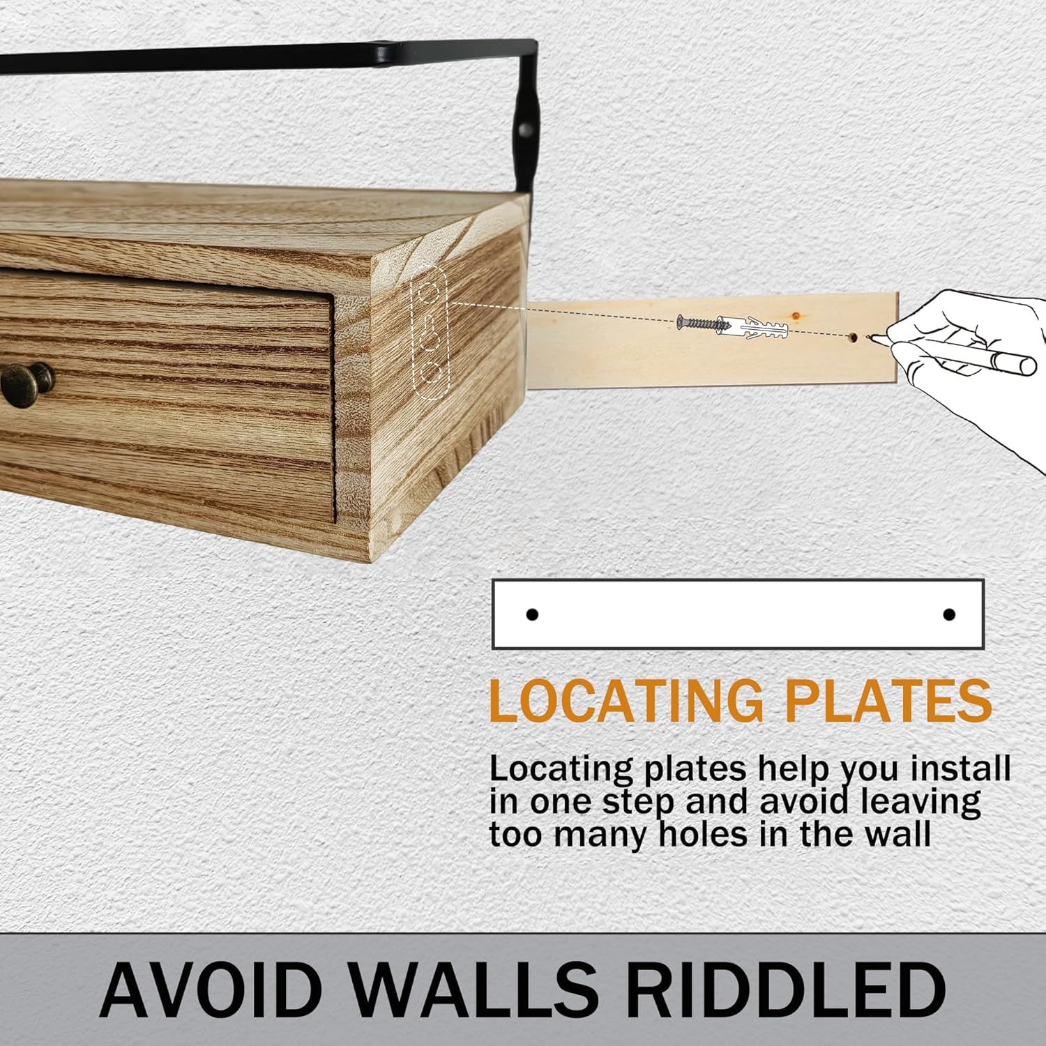 Rustic Floating Shelves with Drawer Set of 2 Brown