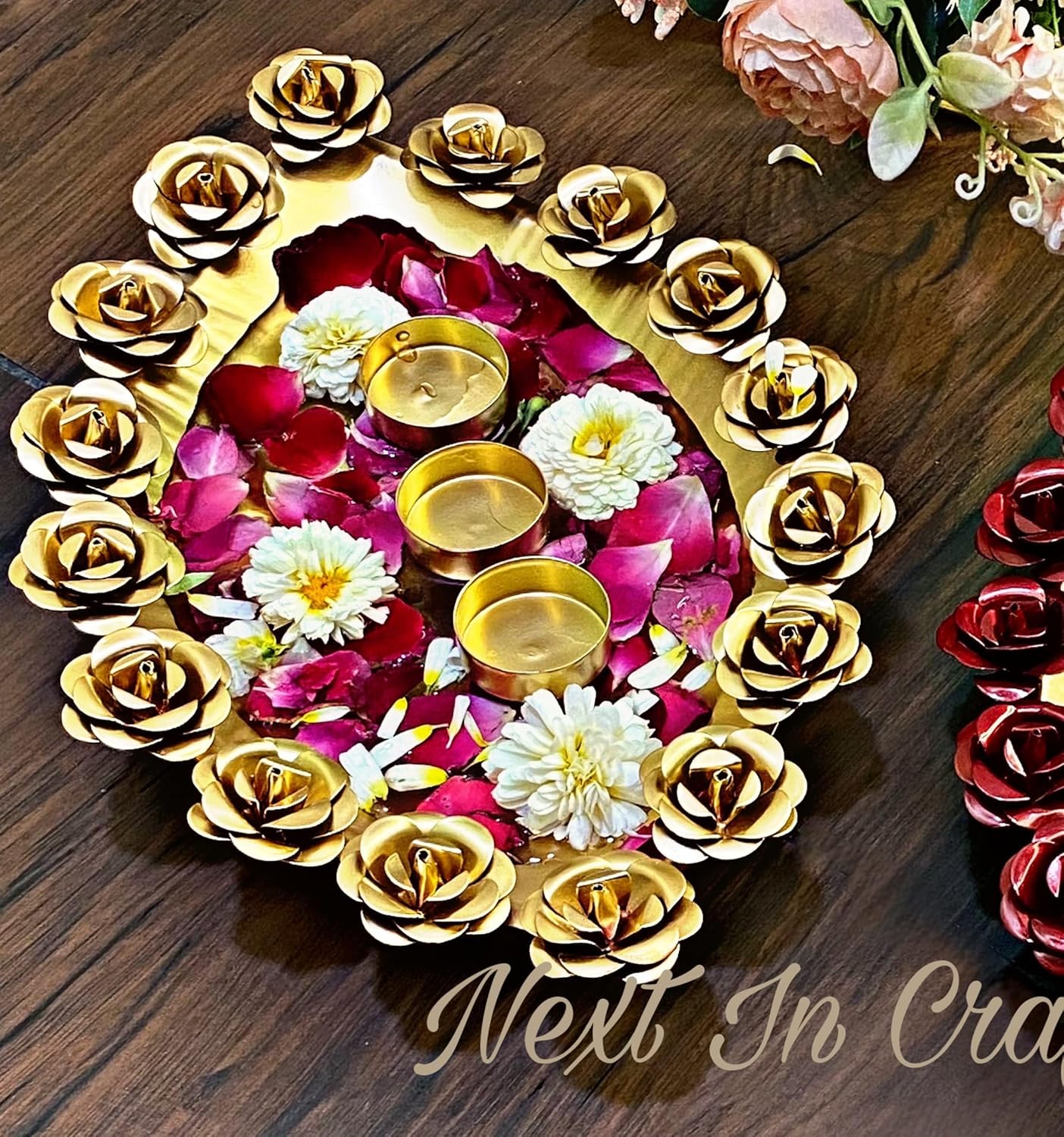 Next In Crafts Gold Metal Diya Shape Flower Urli Bowl