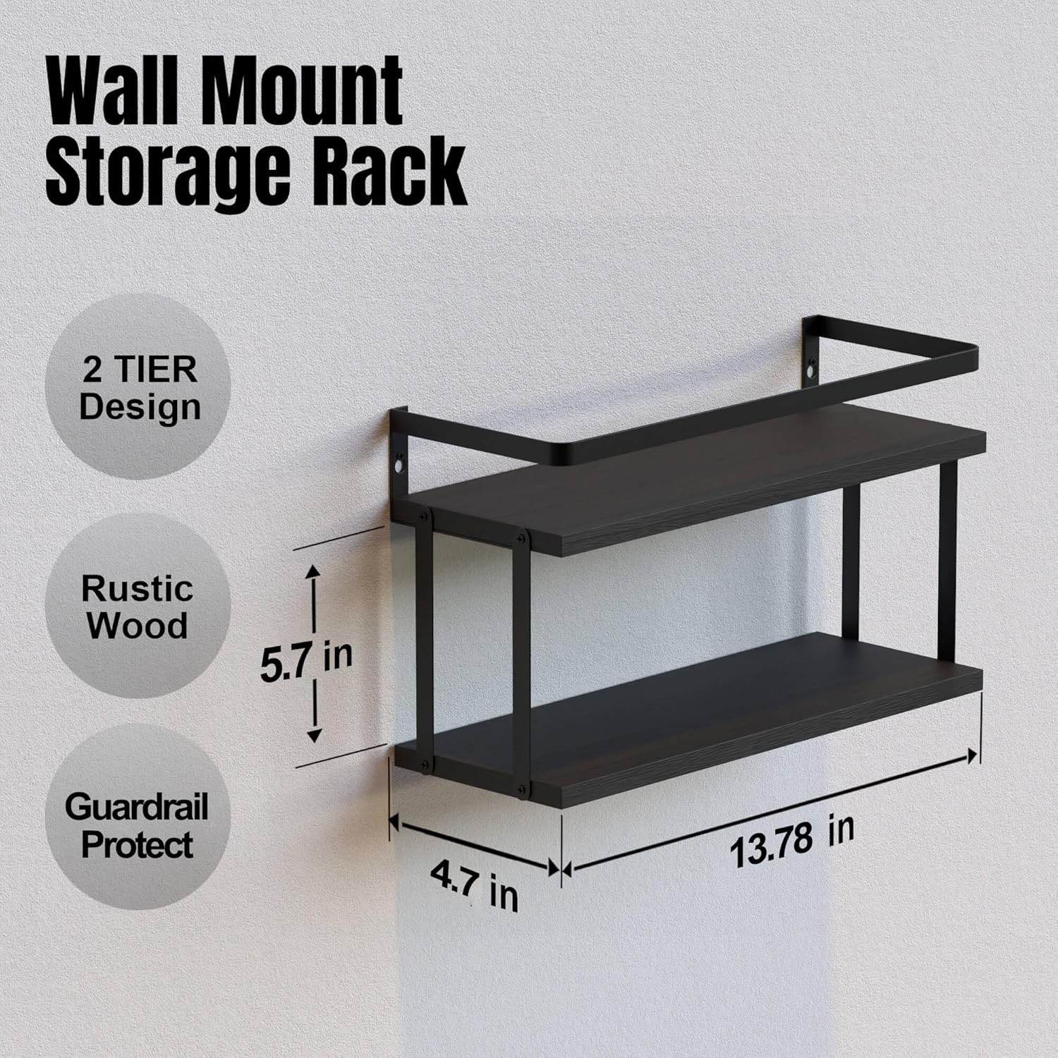 RICHER HOUSE Dual-Level Wood Floating Shelves with Guardrail - Black