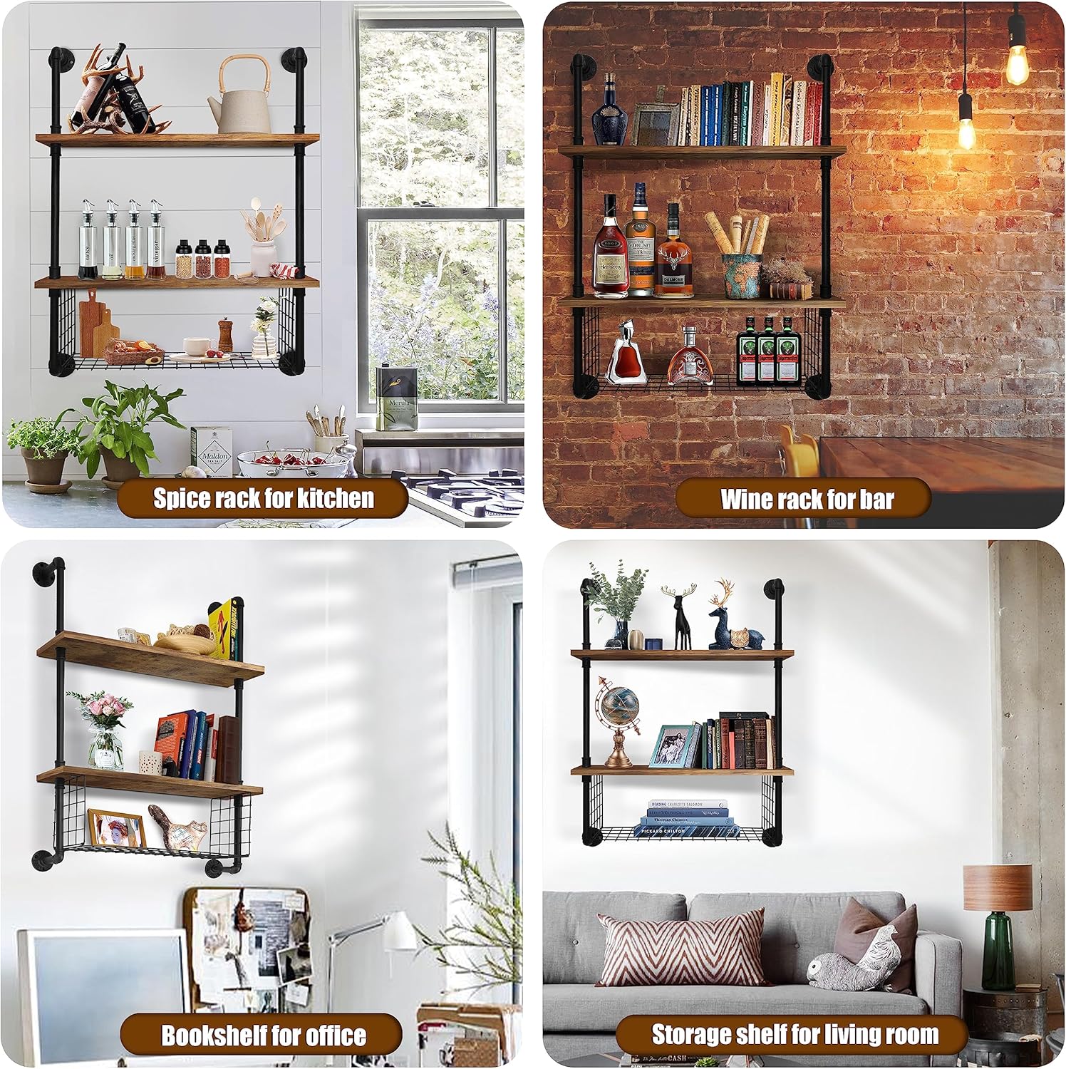 GILPWA 2 Tier Industrial Pipe Shelf with Wood Baskets