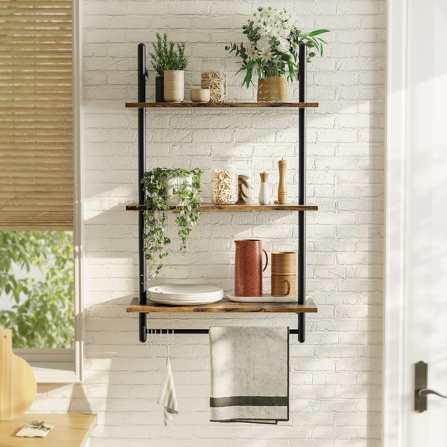 Bestier 3 Tier Floating Wall Shelves with Towel Bar and Hooks